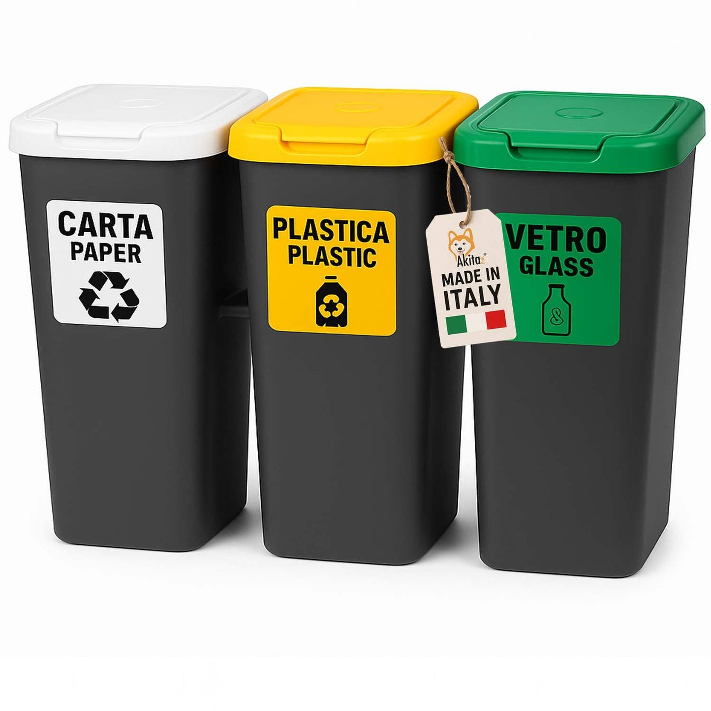 Pattumiera Differenziata AKITAINK AKIROCK 75L – 3 Scomparti da 25L con Coperchi Colorati e Blocca-Sacchetto, Cestino Raccolta Differenziata per Casa, Ufficio e Spazi Esterni