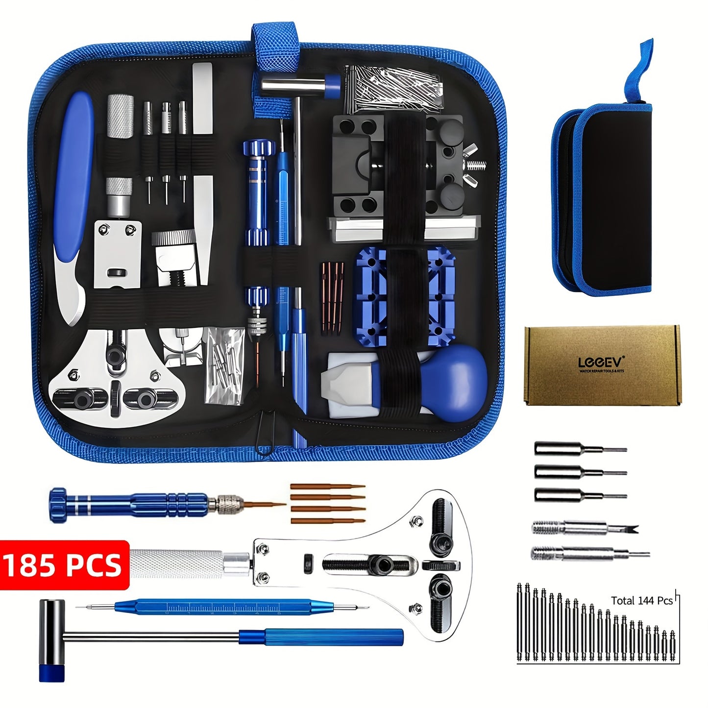LEEEV Set di riparazione orologi da 185 pezzi con strumenti per cambio batteria, regolazione e rimozione di lacci, strumenti per barre a molla per apertura cassa, chiave per rimozione retro e forniture per la pulizia dell'orologio - Fornito con una comoda