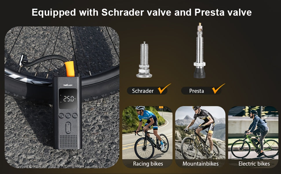 Tavaler Pompa Elettrica per Bicicletta, 150 PSI Pompa Portatile a Batteria per Bicicletta/Auto, Pompa Elettrica Ricaricabile per Biciclette, Compressore a Batteria per Biciclette, Motociclette e Auto, Accessorio Essenziale per Viaggi su Strada
