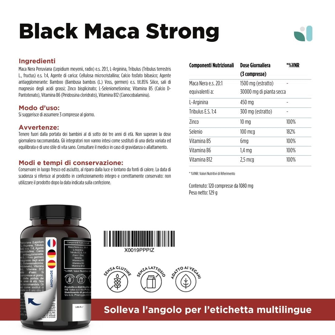 Maca Peruviana Nera Estratto Puro 20:1, 30.000 mg + Tribulus Terrestris + Arginina + Zinco | Black Maca Strong | Made In Italy | Maca Wesalys