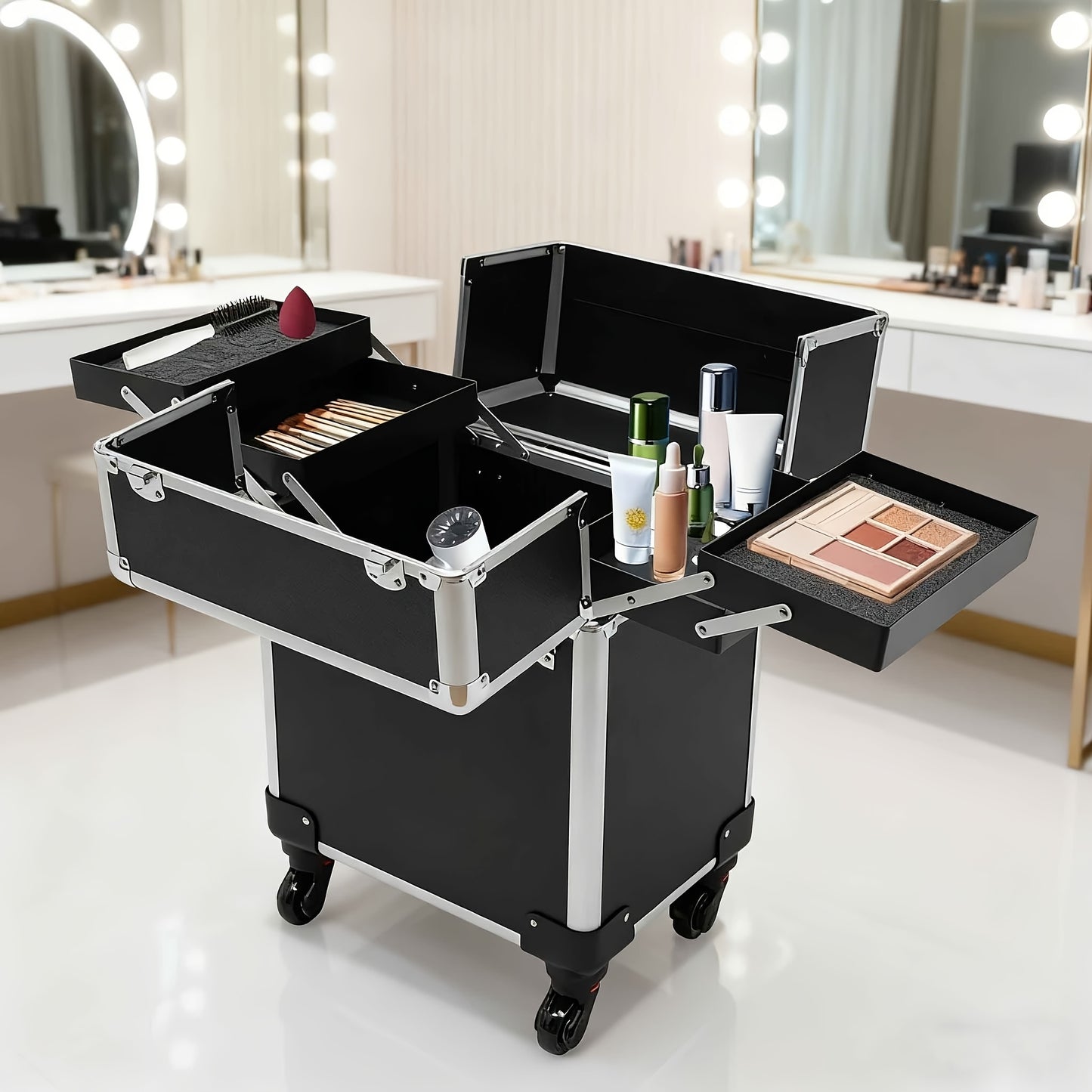 Valigetta per Trucco con Ruote, Beauty Box con Ruote, Ampio Spazio di Stoccaggio, Design Resistente, Regalo Ideale per Truccatori, Parrucchieri e Nail Artist, Organizer di Bellezza Portatile per Viaggi o Uso in Salone
