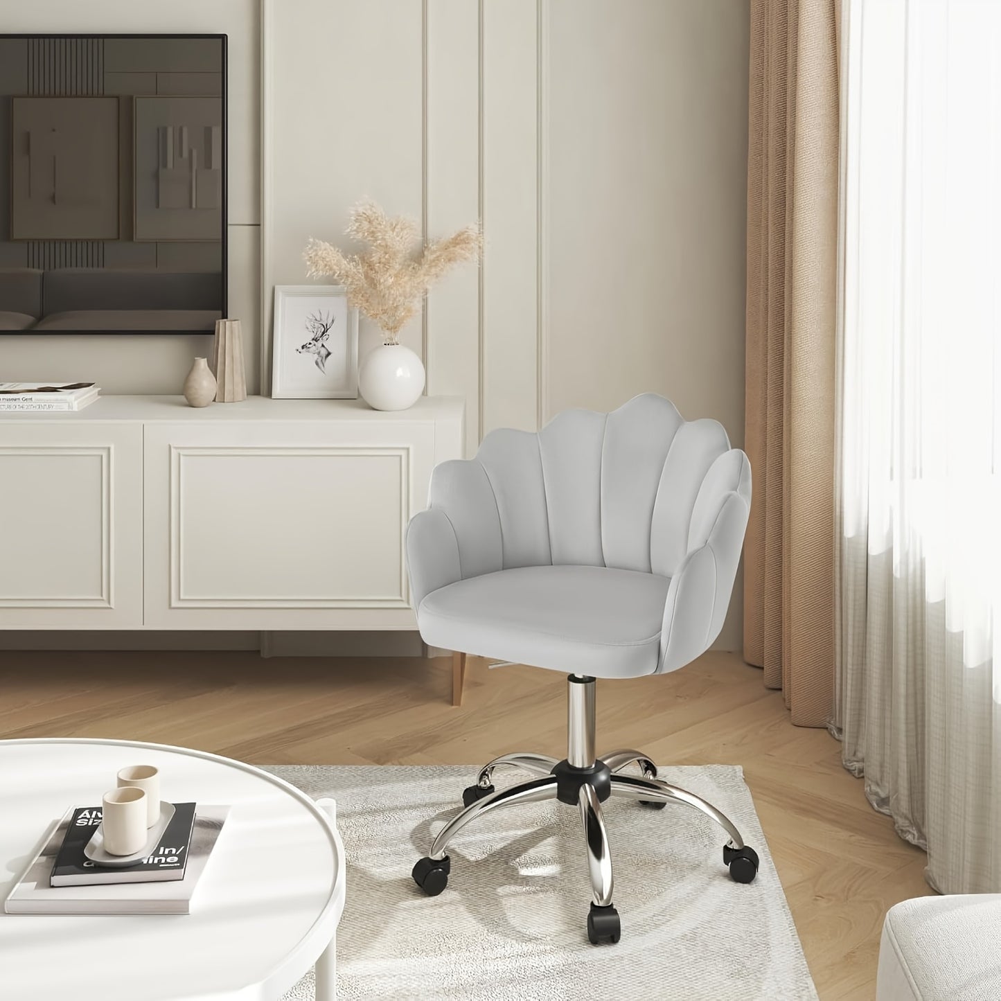 1 sedia da ufficio per casa, sedia da scrivania, sedia da trucco, sedia in velluto con schienale a forma di petalo - Comoda e bella, sedia girevole con ruote, altezza regolabile, base in metallo, facile da montare