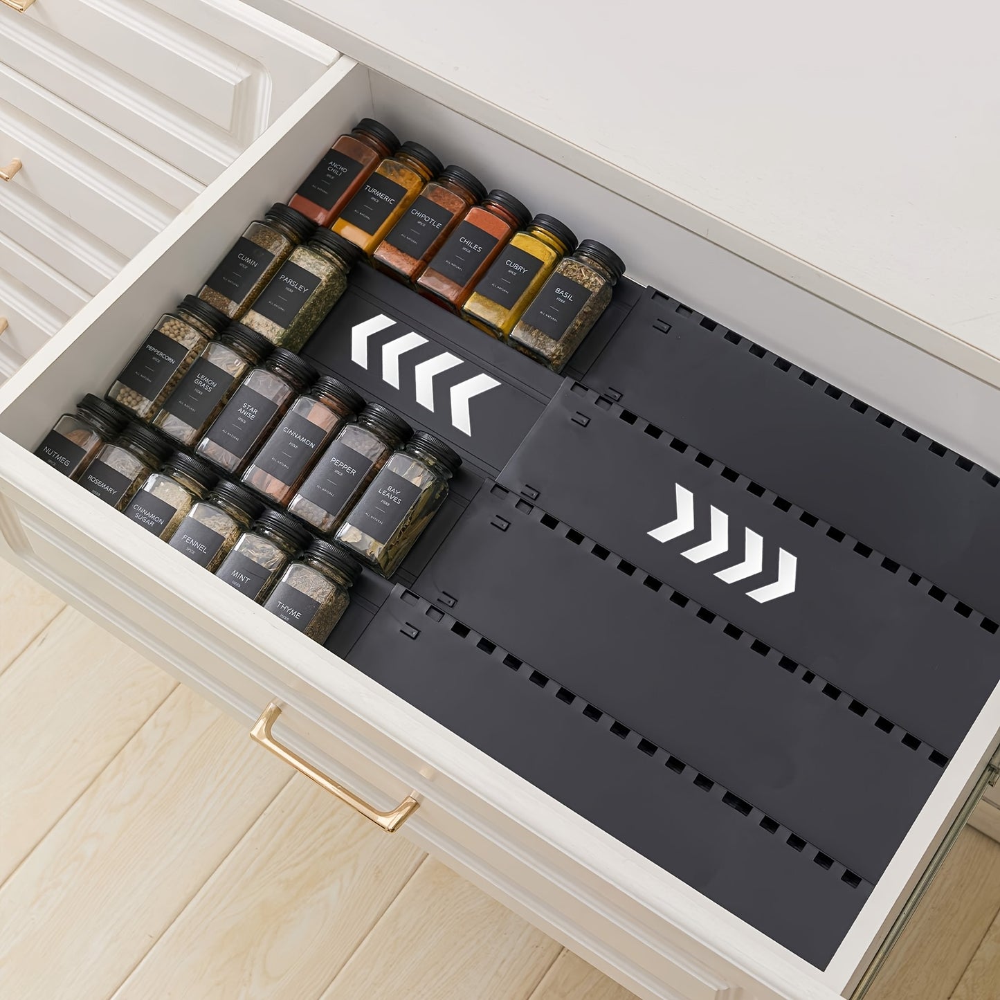 Porta Spezie da Cucina per Cassetti, Espandibile fino a 48 Bottiglie di Spezie, Scala Portaspezie, Contenitore per Spezie in Plastica, Set di 8 Organizzatori Estraibili, Per Cucine e Pensili
