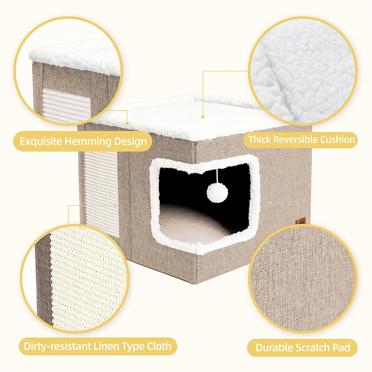 Cuccia per gatti con letti a 2 livelli, tunnel giocattolo, divano pieghevole, tiragraffi e palla sospesa in peluche - Struttura resistente in nylon, tela morbida, design chiuso per tutte le stagioni, facile da montare, cuccia a cubo per interni, unità di