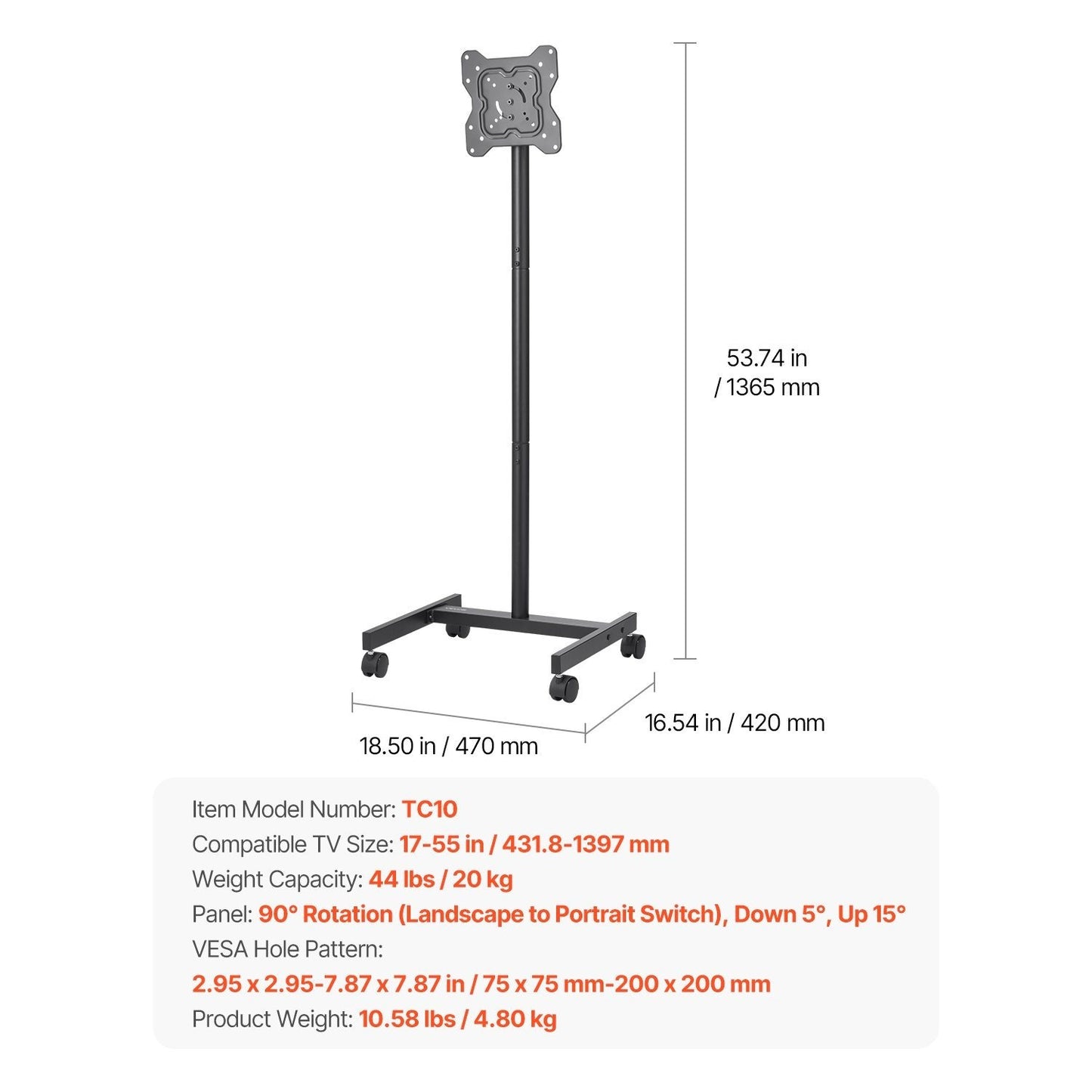 VEVOR Carrello TV Mobile con Ruote per Schermi da 17 a 55 Pollici, Capacità di 44 lbs
