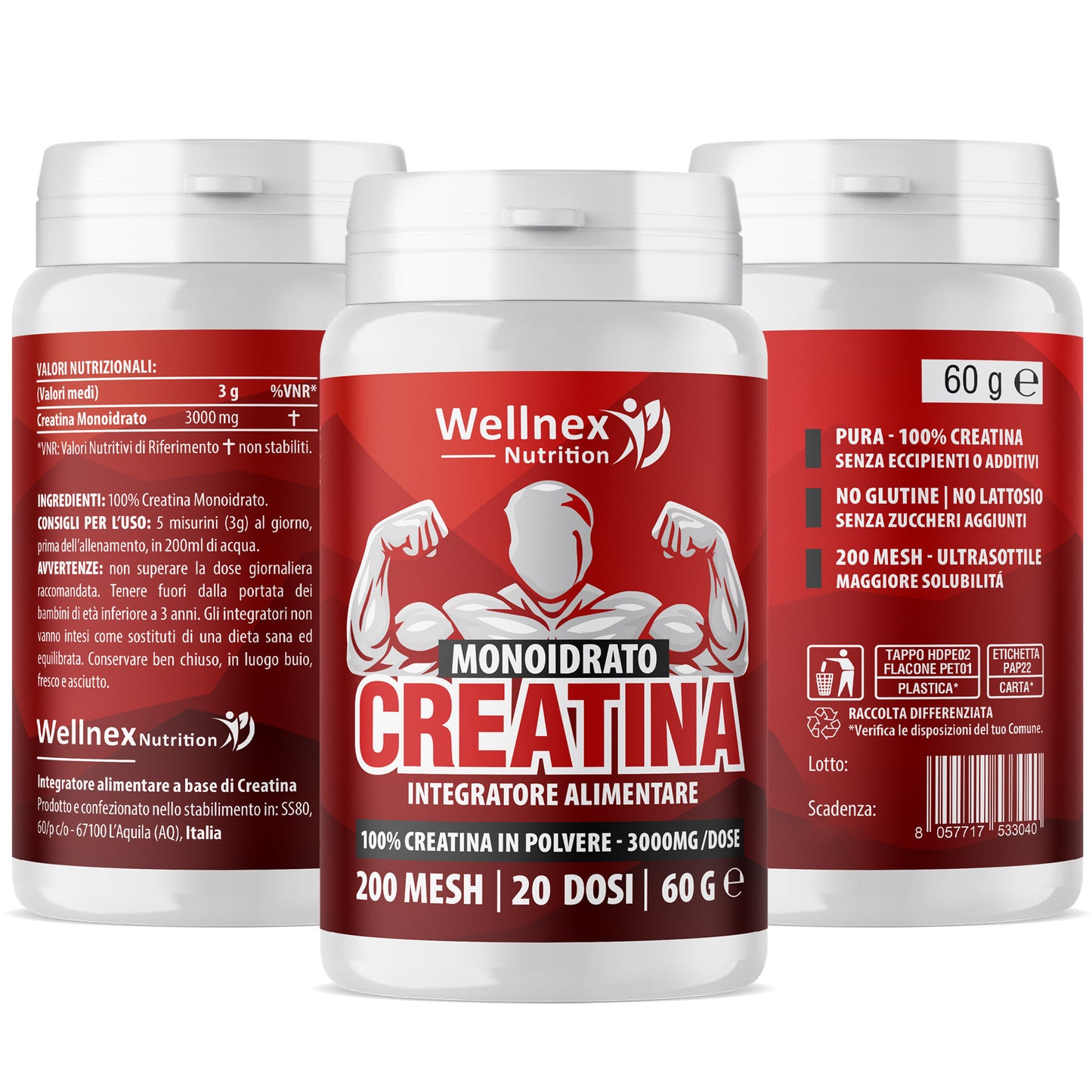 Creatina Monoidrato 3000mg / dose | 60g - 20 Dosi | Creatina in Polvere 200 Mesh | Purezza 99,9 Min. Integratore alimentare a base di Creatina