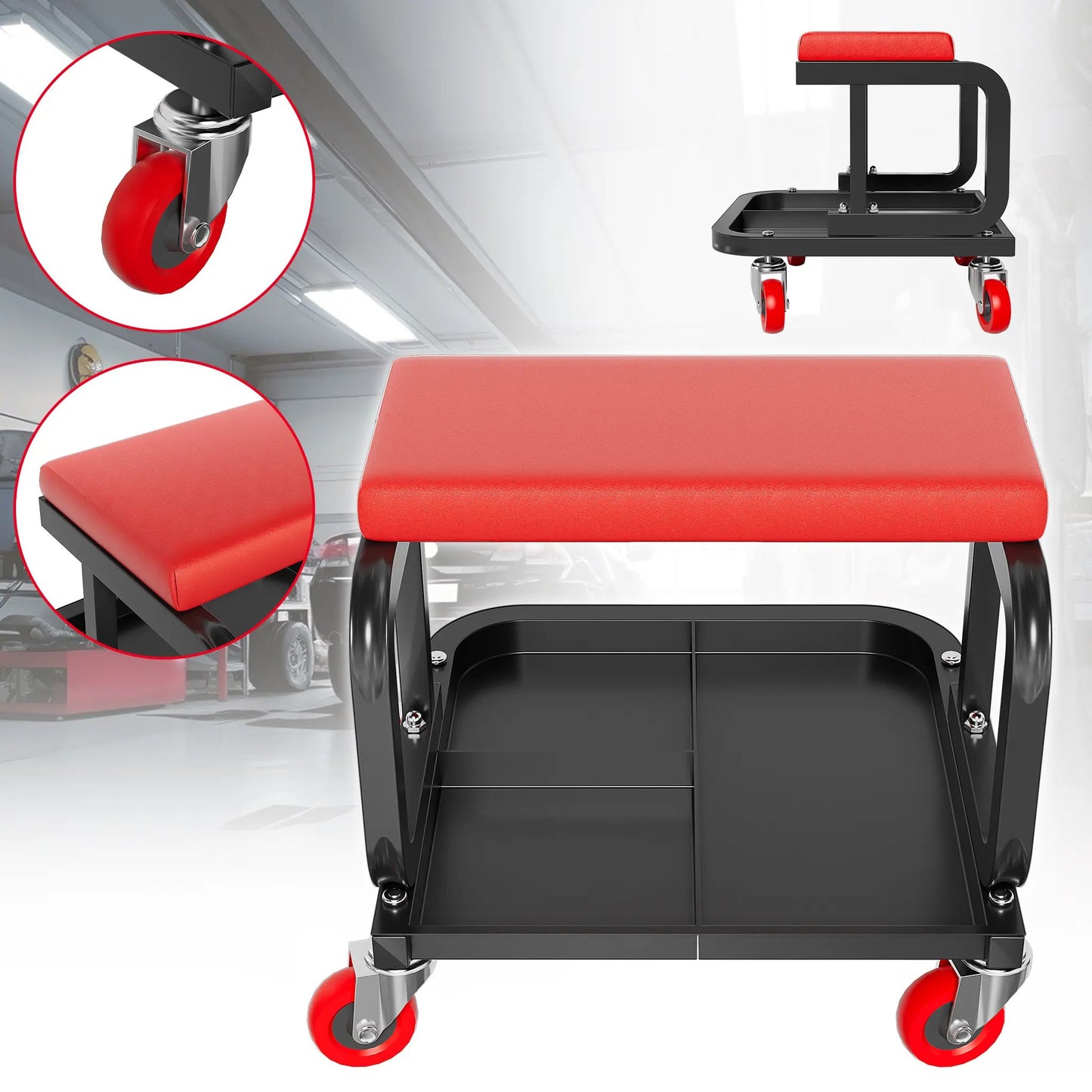 Sgabello da lavoro, sedia da officina con area portaoggetti, carrello da officina, carrello porta attrezzi, sedia da lavoro con ruote