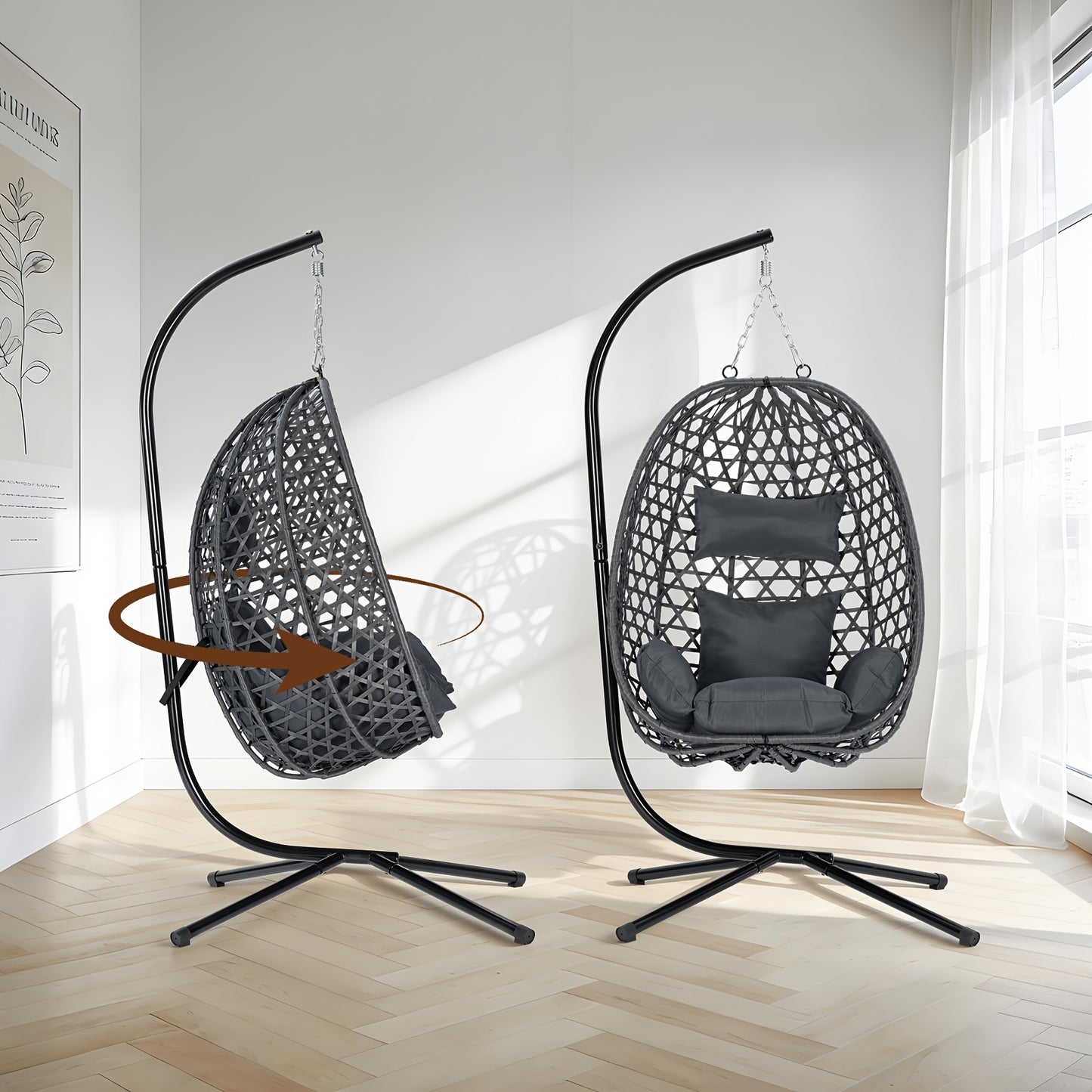 Sedia amaca 1 pz con supporto, portata massima 150 kg, robusta e stabile, oscillazione a 360°, altezza regolabile, sedia amaca in rattan PE con cuscino e poggiatesta, morbida e confortevole, installazione facile, adatta per uso interno ed esterno