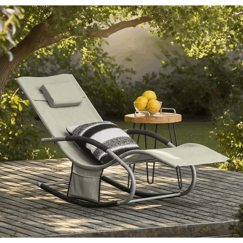 1 Pezzo Lettino Prendisole Lettino da Giardino Sdraio Relax Sedia a Dondolo da Esterno con Cuscino Poggiatesta Superficie Ergonomica Tessuto Resistente agli Agenti Atmosferici Struttura in Metallo Tasca Laterale Portata Massima 150 kg Terrazza Balcone Gia