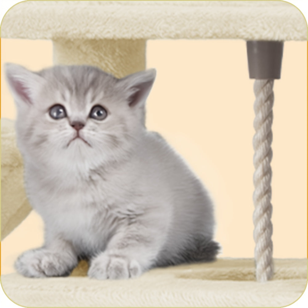 Torre per gatti beige, alta 159 cm con 8 tiragraffi, 3 livelli, 2 rifugi, un cesto, palline di peluche e corda in sisal, ideale per gatti di diverse dimensioni
