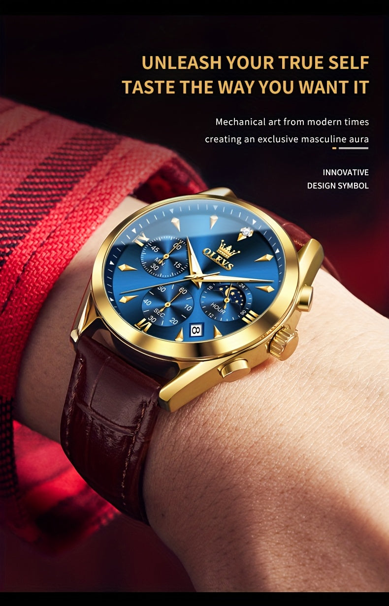 OLEVS Orologio da Uomo Classico Cronografo Cuoio Marrone Cassa Dorata Analogico Quarzo Moda Business Abito Quadrante Grande Orologio da Uomo Giorno Data Luminoso Casual Orologio da Polso Maschile Regali Romantici Relojes De Hombre Quadrante Blu/Nero/Bianc