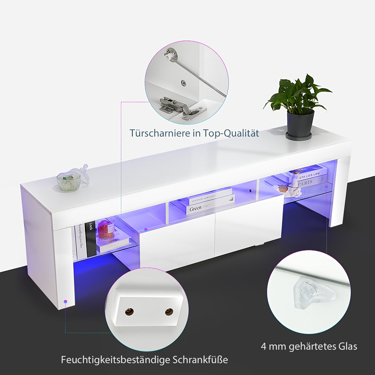 Mobile TV LED lucido da 160 cm, moderno, per soggiorno, armadietti TV bianchi
