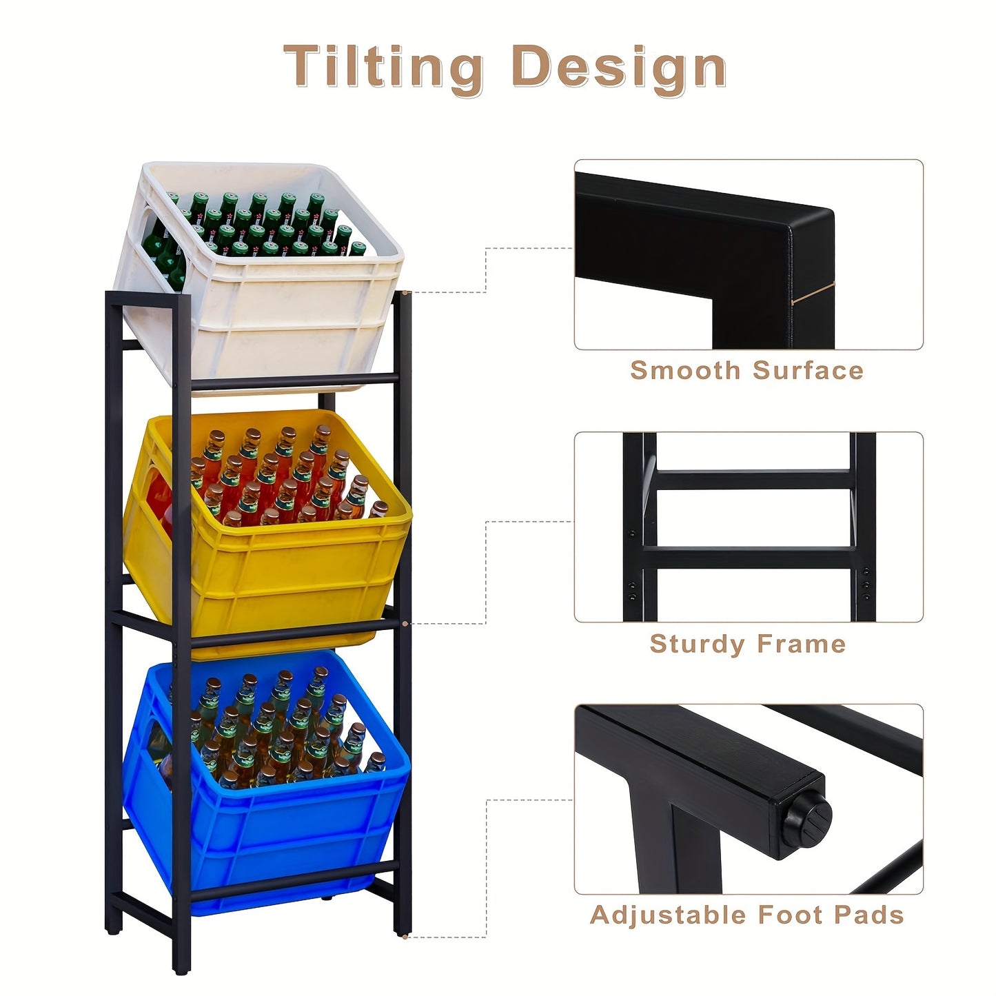 1 pz. Scaffale portabottiglie a 3 ripiani, progettato per contenere 3 casse di bevande, offre un supporto stabile e consente di risparmiare spazio, realizzato in metallo, design inclinato con piedini, finitura resistente alla ruggine, finitura nera