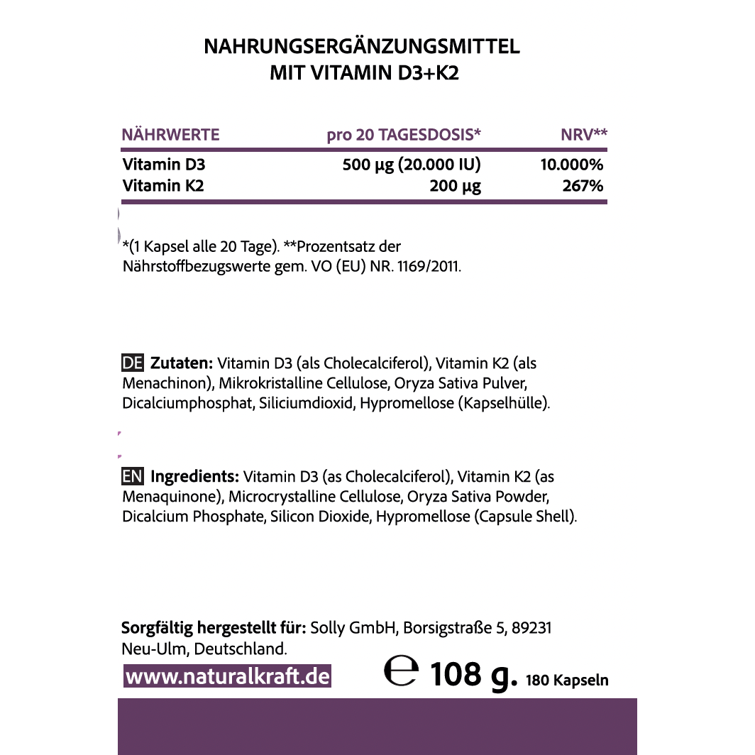 NATURALKRAFT® Vitamina D3 + K2 Premium, 20.000 UI + 200 mcg, Deposito (180 Capsule, Alta Dosaggio & Vegano) – Qualità Marchio Tedesco