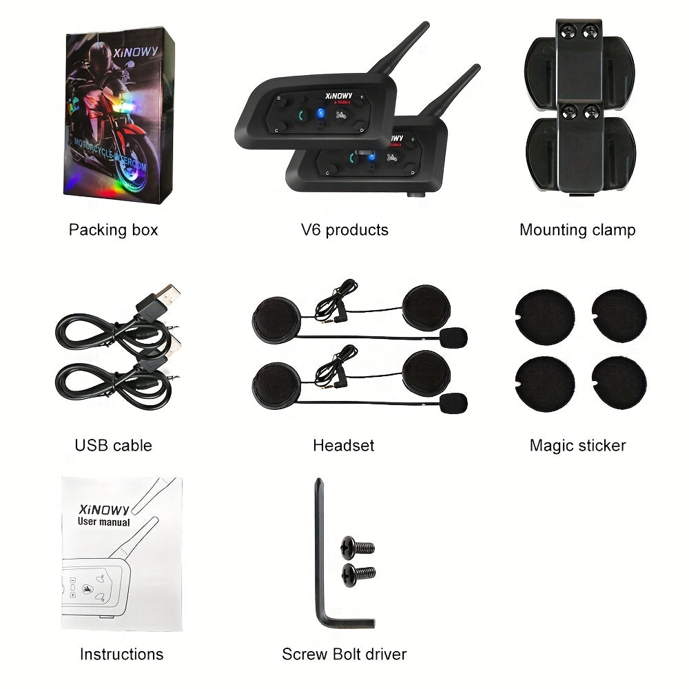 XINOWY V6 Interfono Moto 1/2 pezzi 3.5Mm Casco Wireless Auricolare Interfono per 6 Motociclisti 1200M Conversazione 850Mah DPS Riduzione del Rumore Mani Libere Stereo Musica Adatto a Tutti i Tipi di Caschi