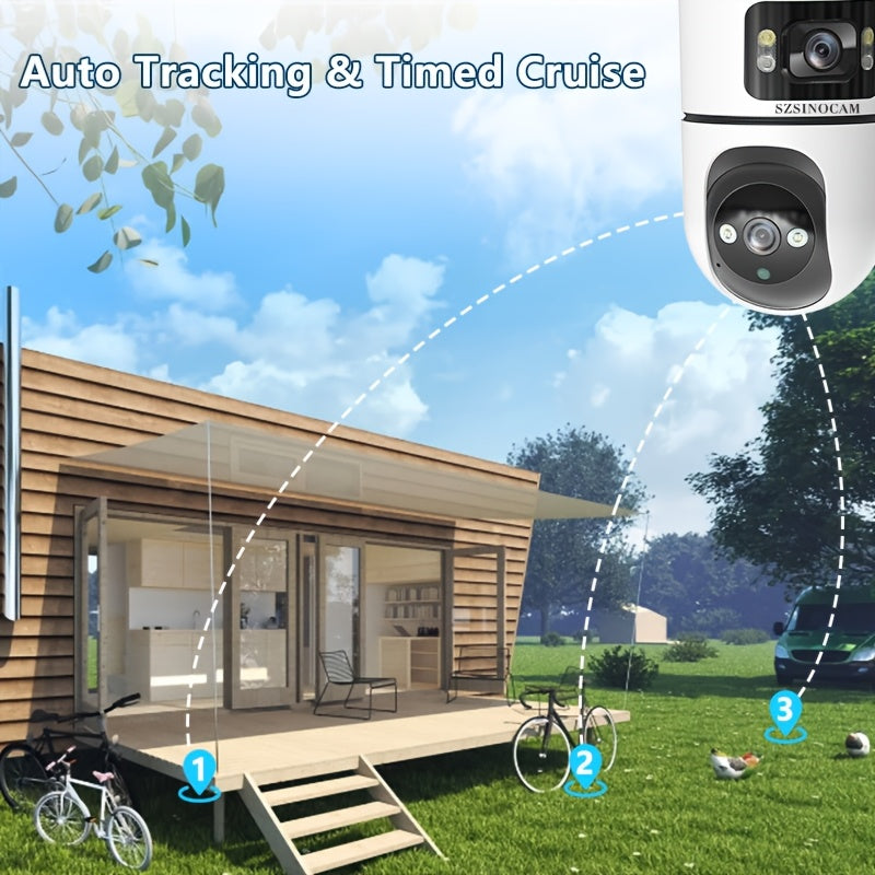 Telecamera IP Wireless a Doppia Lente, Telecamera di Sicurezza PTZ per Esterni con WiFi 2.4G, Doppio Schermo, Inseguimento Automatico, Visione Notturna, Audio Bidirezionale, Rilevamento di Movimento per Sicurezza Domestica, Stradale e Monitoraggio