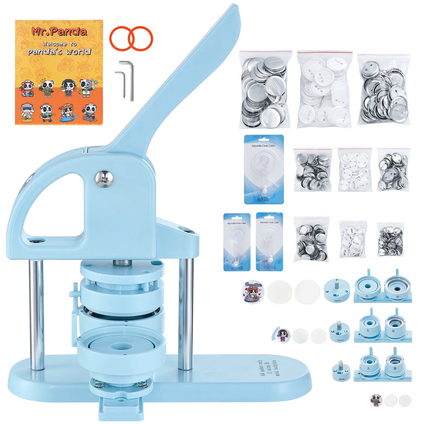 VEVOR Macchina per Bottoni, 1/1.25/2.28 pollici (25/32/58mm) 3-IN-1 Pin Maker, 300 Pezzi di Ricambio per Bottoni, Macchina per Bottoni con Libro Magico del Panda, Kit di Pressa a Punzone con Manico Arco Ergonomico, Per Regali Fai da Te per Bambini