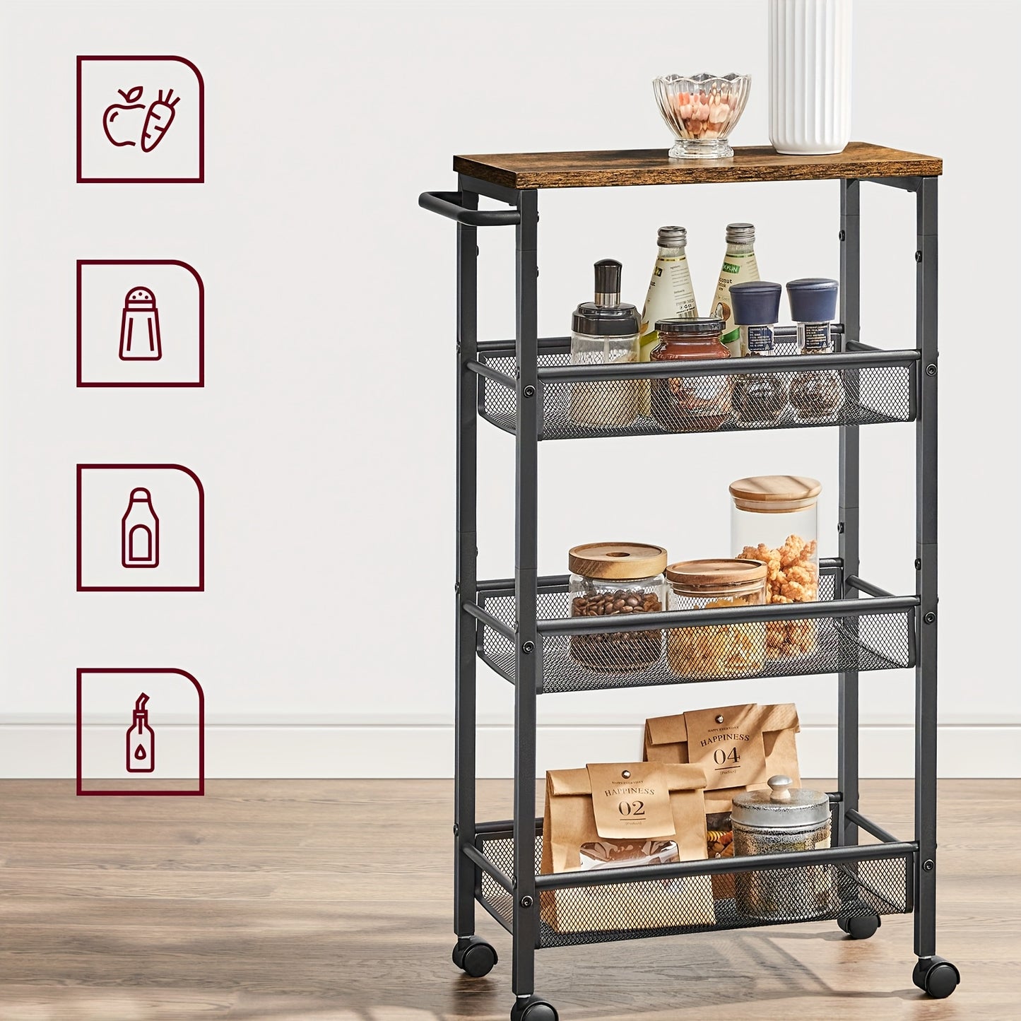 Carrello a 4 Ripiani, Carrello da Cucina con Ruote Salvaspazio, Struttura in Acciaio, Maniglia, Ideale per Piccoli Spazi - Cucina, Bagno, Soggiorno e Studio