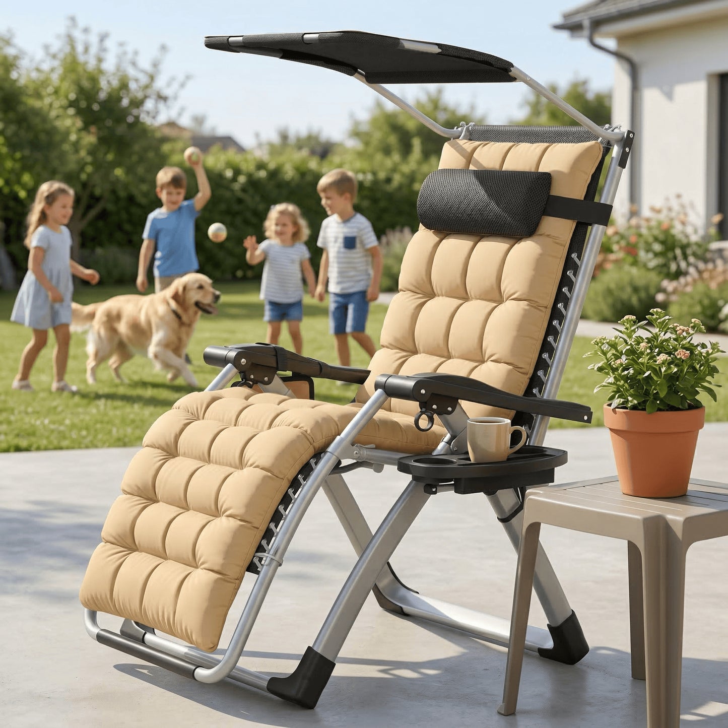 Lettoie ad angolo con tendalino pieghevole, reclinabile, extra large, schienale regolabile, cuscino ergonomico imbottito, cuscino per il collo, tasche laterali, portabicchieri, grigio nero, grigio chiaro, beige