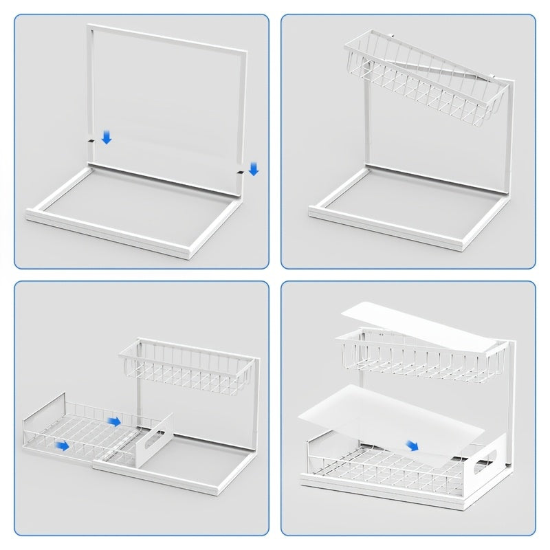 1 pz. Scaffale estraibile a doppio strato da posizionare sotto il lavandino, mensola multifunzionale in acciaio al carbonio per cucina e bagno, adatta per organizer di articoli essenziali e prodotti per la pulizia - Nero/Bianco
