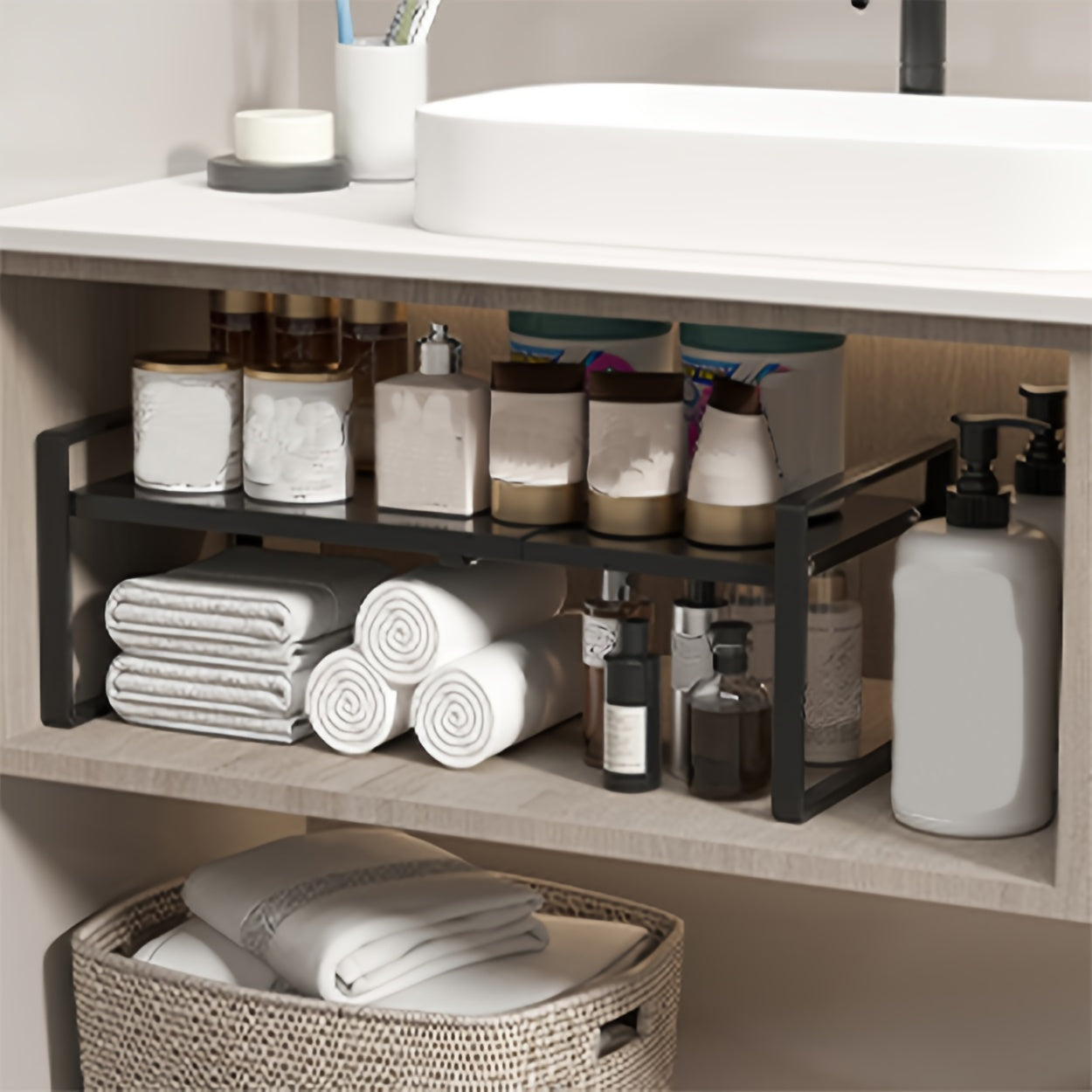 Organizzatore di Scaffali da Cucina in Metallo Regolabile ed Espandibile, Porta Spezie per Banconi e Armadietti, Ideale per Dispensa, Bagno - Scaffali Multiuso a Staffa Sopra, Organizzatori e Contenitori da Cucina, Mensole di Utilità