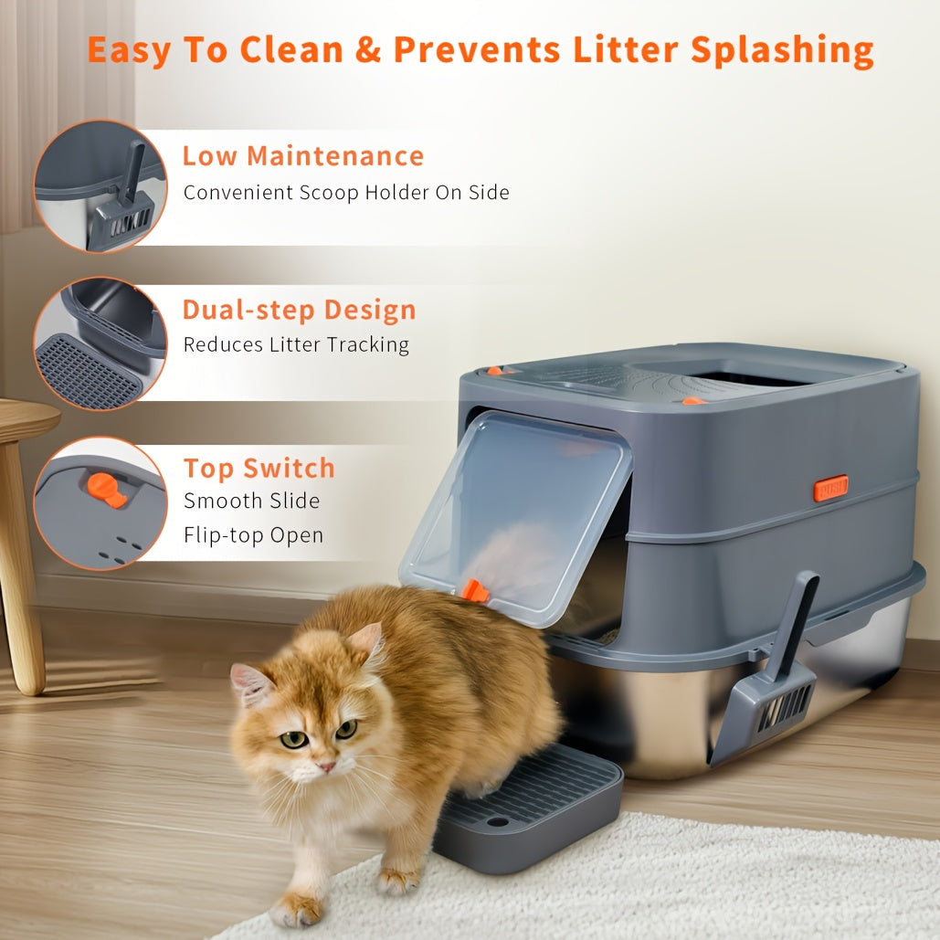Lettiera per gatti extra large in acciaio inossidabile con coperchio - Misura XL, sponde alte, a prova di perdite, design facile da pulire, include paletta - Adatta per più gatti e razze di grandi dimensioni