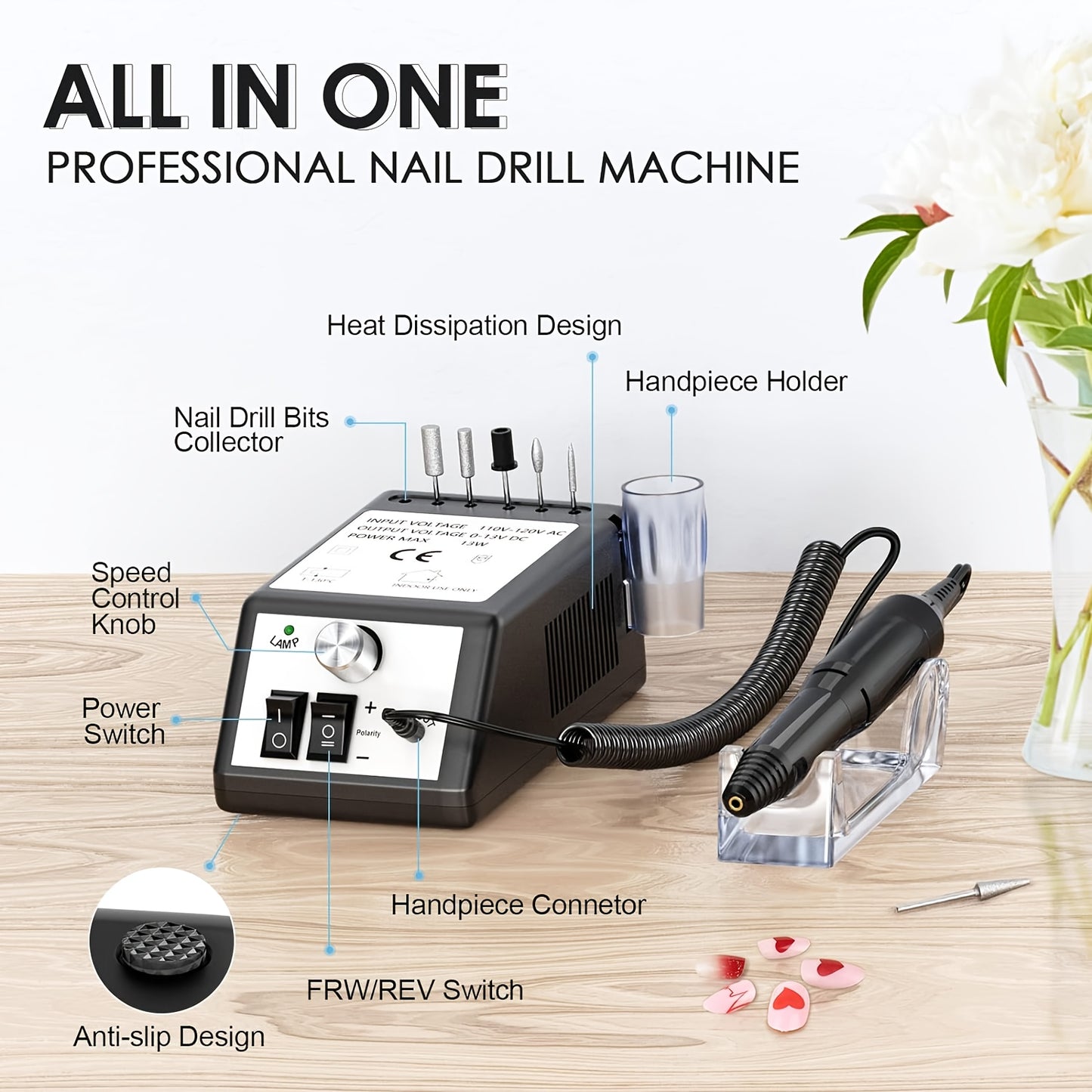 Trapano Elettrico Portatile per Unghie 20000 RPM, con 6 Punte e Banda Abrasiva, Gel Nails, Manicure Pedicure Lucidatura Forma, Strumenti per Smalto Acrylico da Casa o Salone