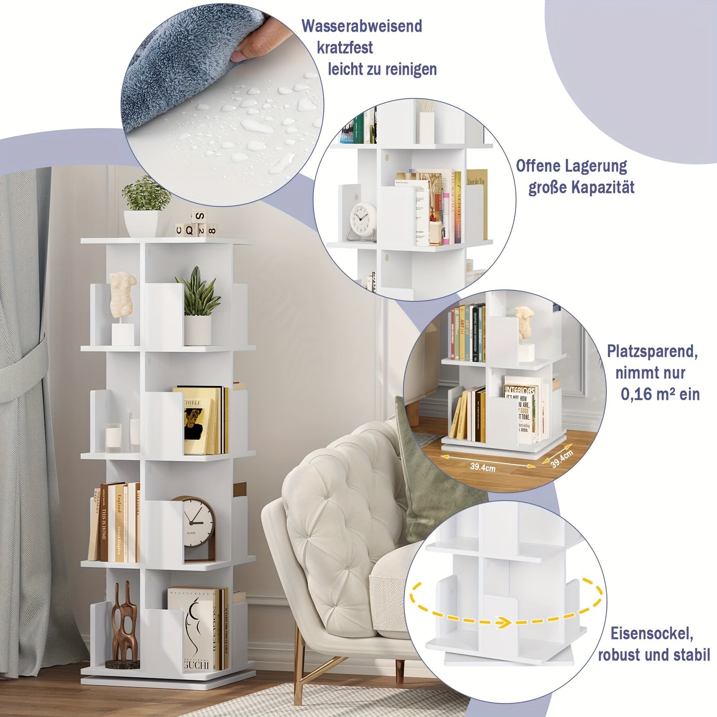 1 pz di libreria rotante, divisorio per ambienti, scaffale girevole per ufficio, scaffale decorativo, rotazione libera a 360 gradi, con 4 strati di lamina MDF, dimensioni 40X129X40 cm