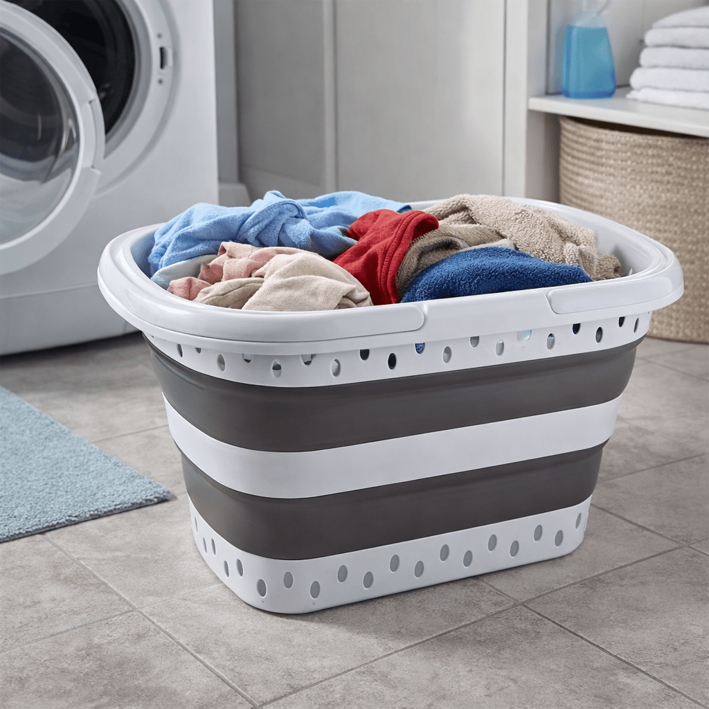 Cesto per il Bucato Retrattile e Pieghevole con Maniglie - 45 Litri - Bianco Grigio