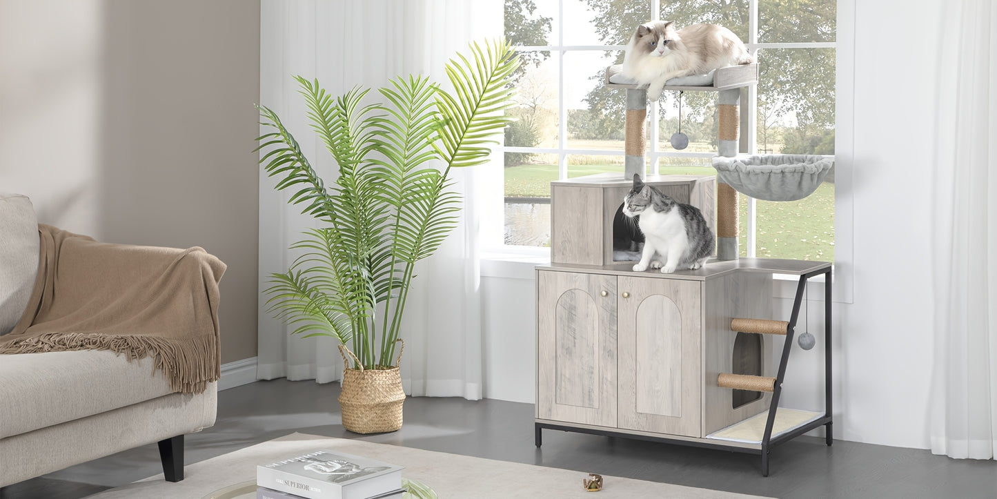 Albero per gatti con mobiletto per lettiera, mobiletto per gatti, casetta moderna 4-in-1 con ampia piattaforma, casetta per gatti con tappetino grattigio in sisal, pali, scale e pompon, cuscini lavabili, grigio-ghiaccio