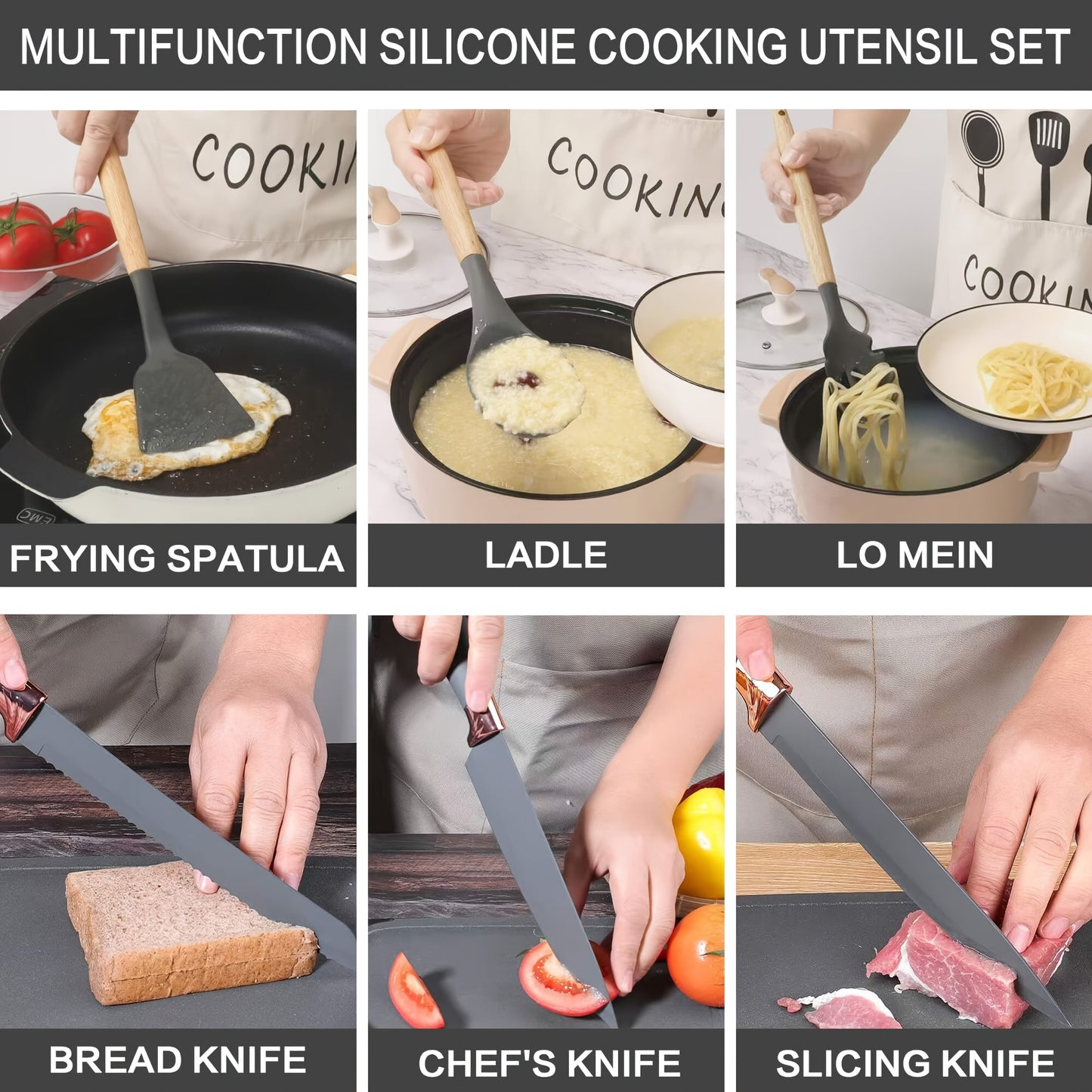 Collezione di 20 Coltelli Professionali con Porta Coltelli. Coltello da Chef, Mannaia, Coltello da Pane, Coltello per Affettare, Coltello per Disossare e Utensili da Cucina Completi. Struttura a Telaio Intero con Manici Antiscivolo per Taglio di Precision
