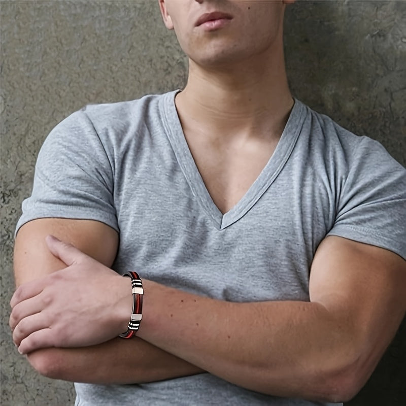 Braccialetto Uomo con Cinturino in Pelle Rossa Intrecciata e Silicone Nero - Design Sportivo Retro, Resistente e Comodo per Tutti i Giorni, Feste, Natale, San Valentino, Regalo per la Festa del Papà