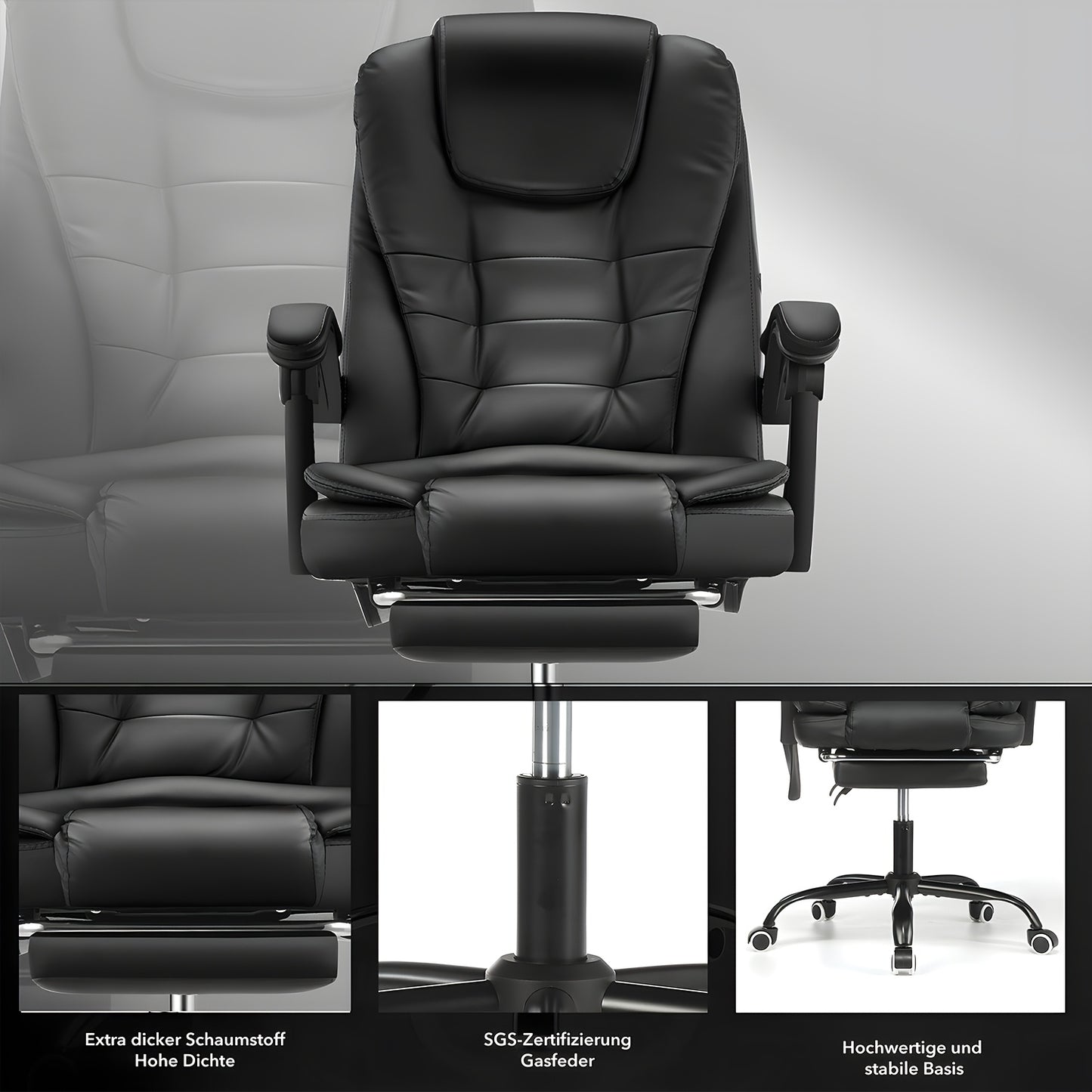 Sedia da ufficio executive con poggiapiedi e supporto lombare, sedia reclinabile ergonomica per computer, schienale regolabile, resistente, girevole a 360° per ufficio domestico (Nero)