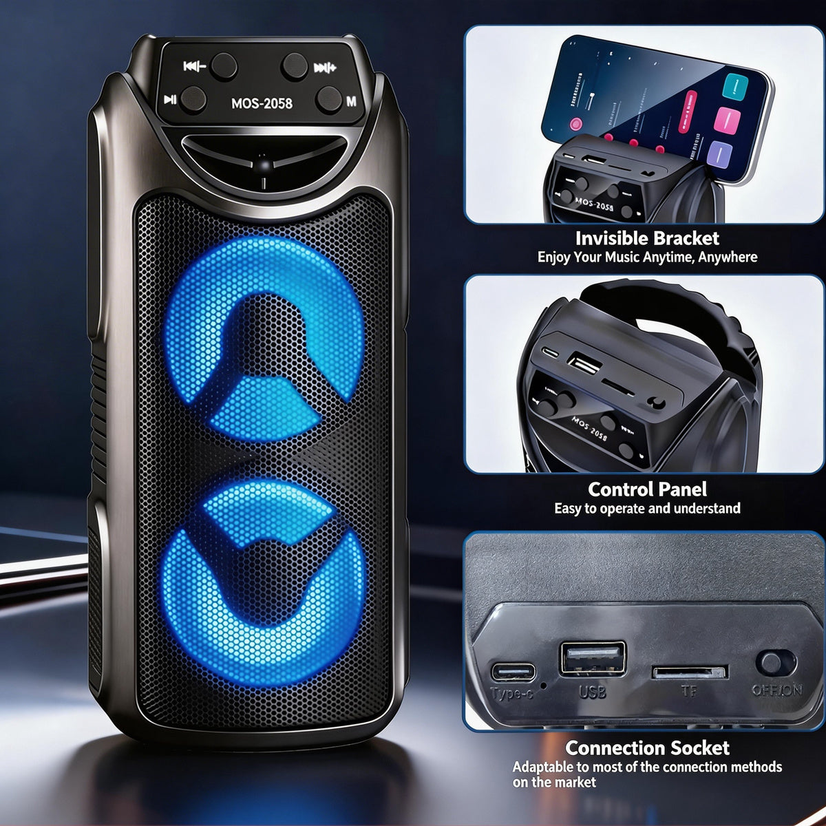 Altoparlante Wireless Portatile con Doppio Subwoofer da 3', Luci LED RGB, Batteria Ricaricabile da 1200Mah, Audio Stereo Wireless, TF/USB/AUX/FM Radio, Ingresso Microfono per Feste in Casa, Viaggi all'Aperto, Spiaggia, Campeggio