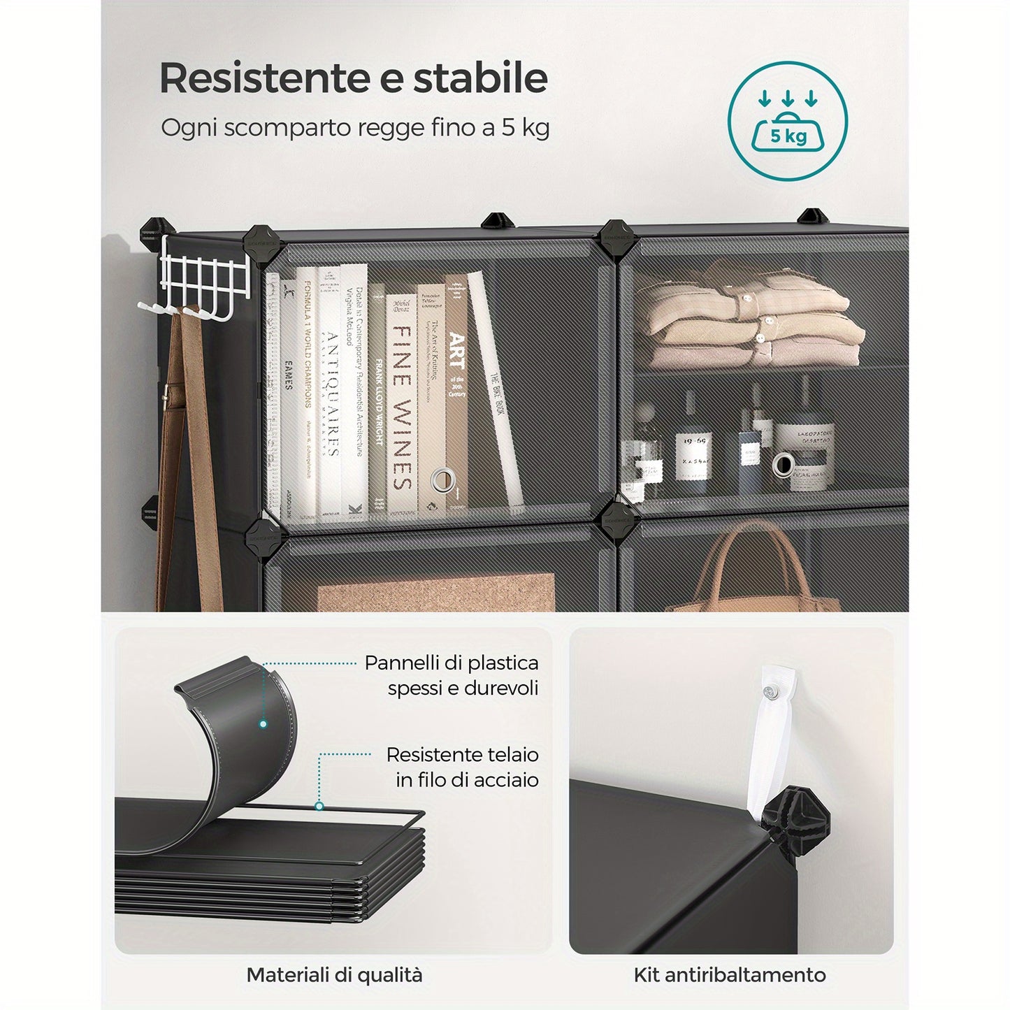 Scaffale per Scarpe Interbloccato, Armadietto per Scarpe in Plastica, Unità Organizzativa Modulare a 10 Scomparti, 30 x 40 x 30 cm per Scomparto, con Ante, Struttura in Acciaio, Pannelli in Plastica