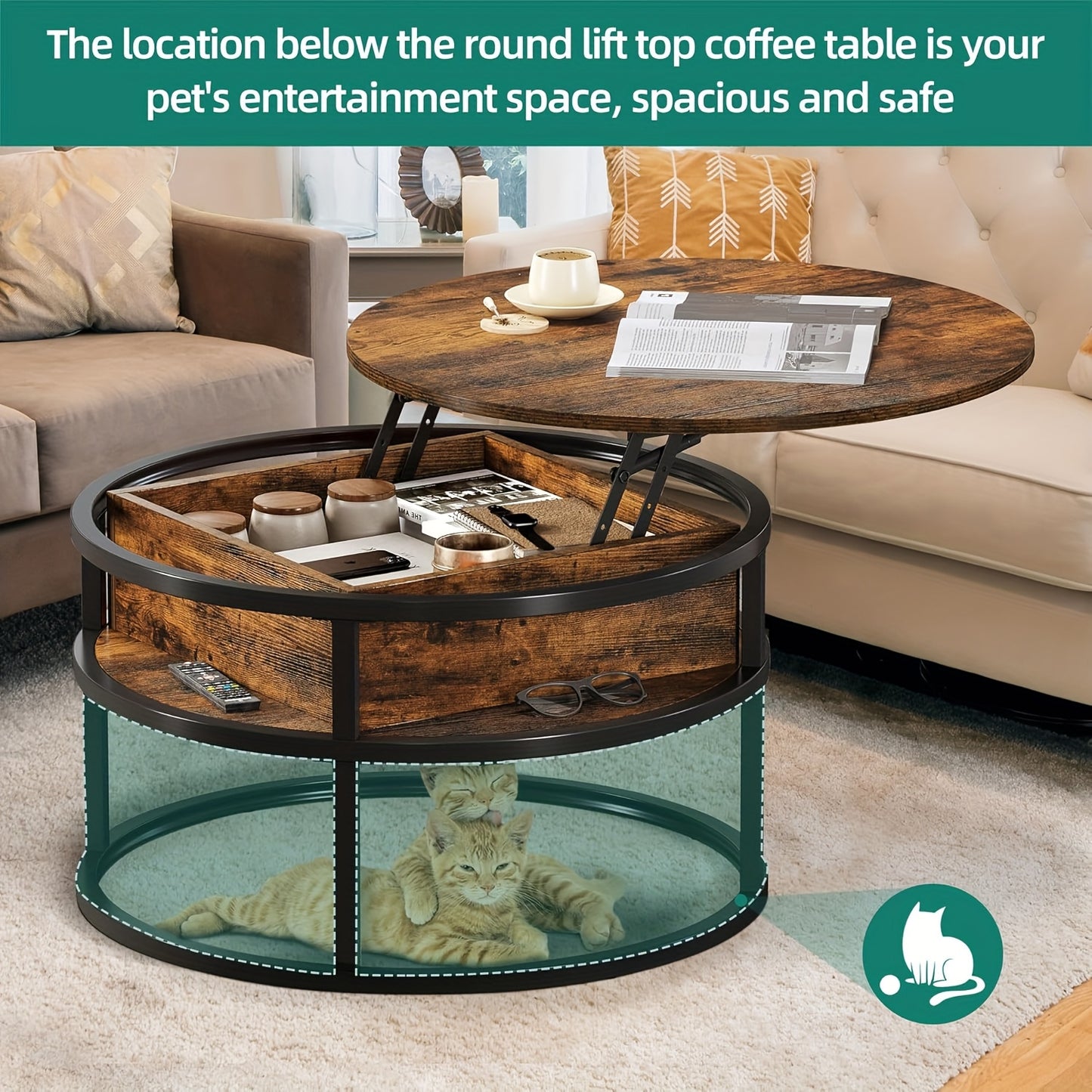 Tavolino da caffè rotondo con sollevamento, tavolino da sa (con scomparto portaoggetti nascosto), tavolino da caffè moderno (con scomparto portaoggetti), adatto per ufficio domestico, tavolino centrale rotondo per soggiorno