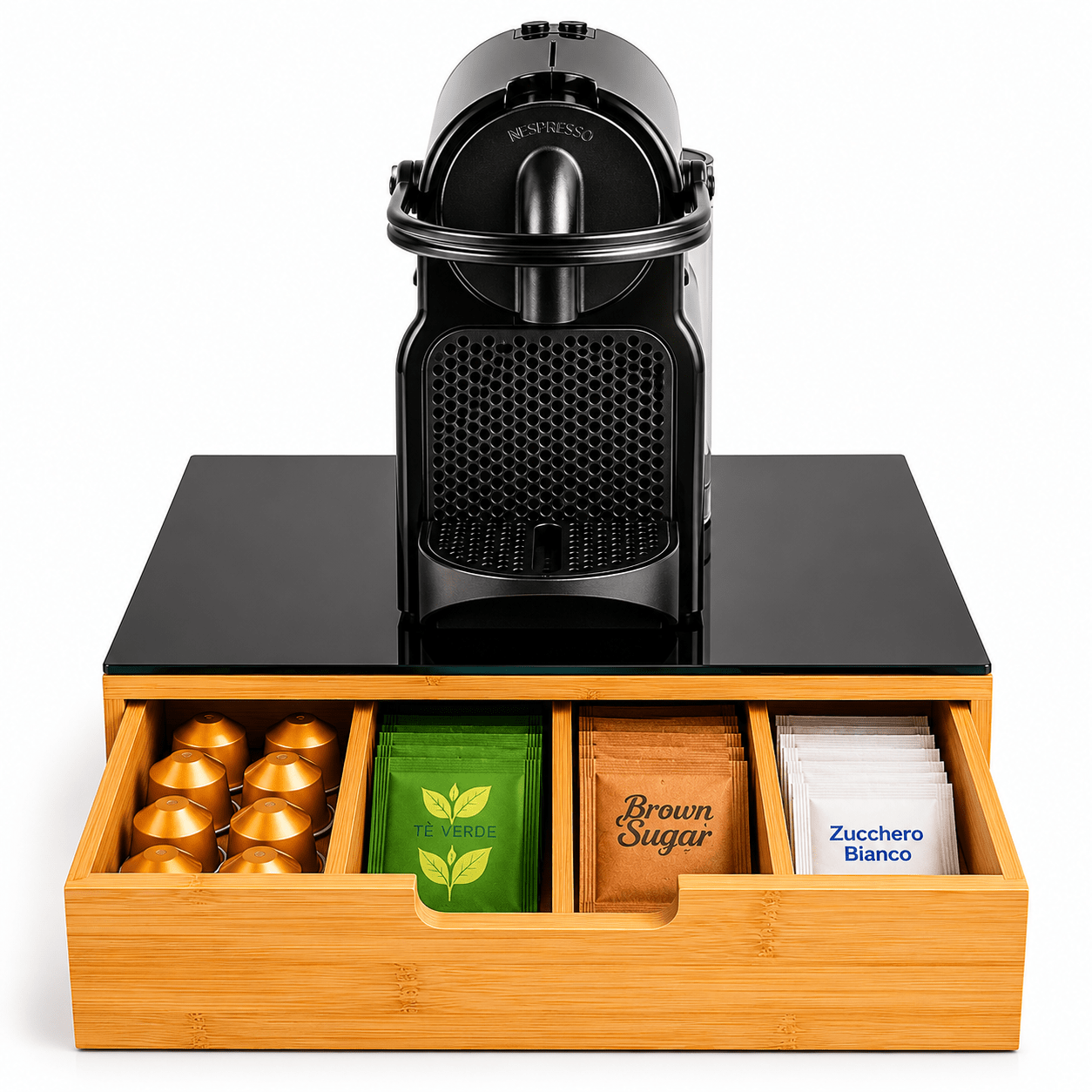 Porta cialde Organizer Bambù per Cialde con Vetro Temperato Organizer Capsule Caffè Cassetto Porta Oggetti Cassetto Minuteria Mobiletto Porta Tè Cassetto Cucito 4 Scomparti Separati