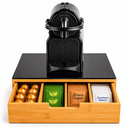 Porta cialde Organizer Bambù per Cialde con Vetro Temperato Organizer Capsule Caffè Cassetto Porta Oggetti Cassetto Minuteria Mobiletto Porta Tè Cassetto Cucito 4 Scomparti Separati