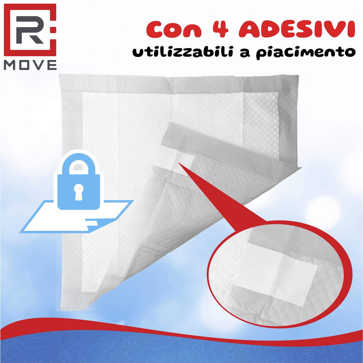 RMOVE 100 Traversine cane pipì 60x60 con adesivi - EXTRA Assorbenti con rivestimento antiodore (100 pz 60X60 cm)