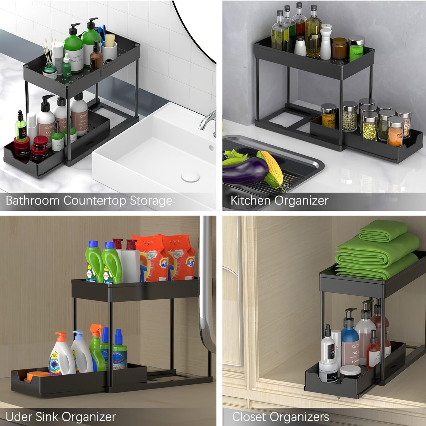 2 Pezzi Organizzatori e Contenitori Sottolavello, Organizer a 2 Ripiani con Ganci, Contenitori e Organizzatori Multiuso Sottolavello per Bagno e Cucina