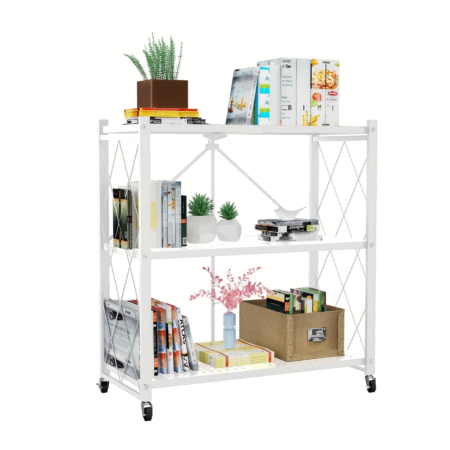 Scaffale pieghevole a 3 ripiani con ruote, scaffalatura pieghevole in metallo, carrello con ruote per riporre libri, scaffalatura pieghevole in metallo per dispensa e armadio, organizer per ufficio - Bianco/Nero