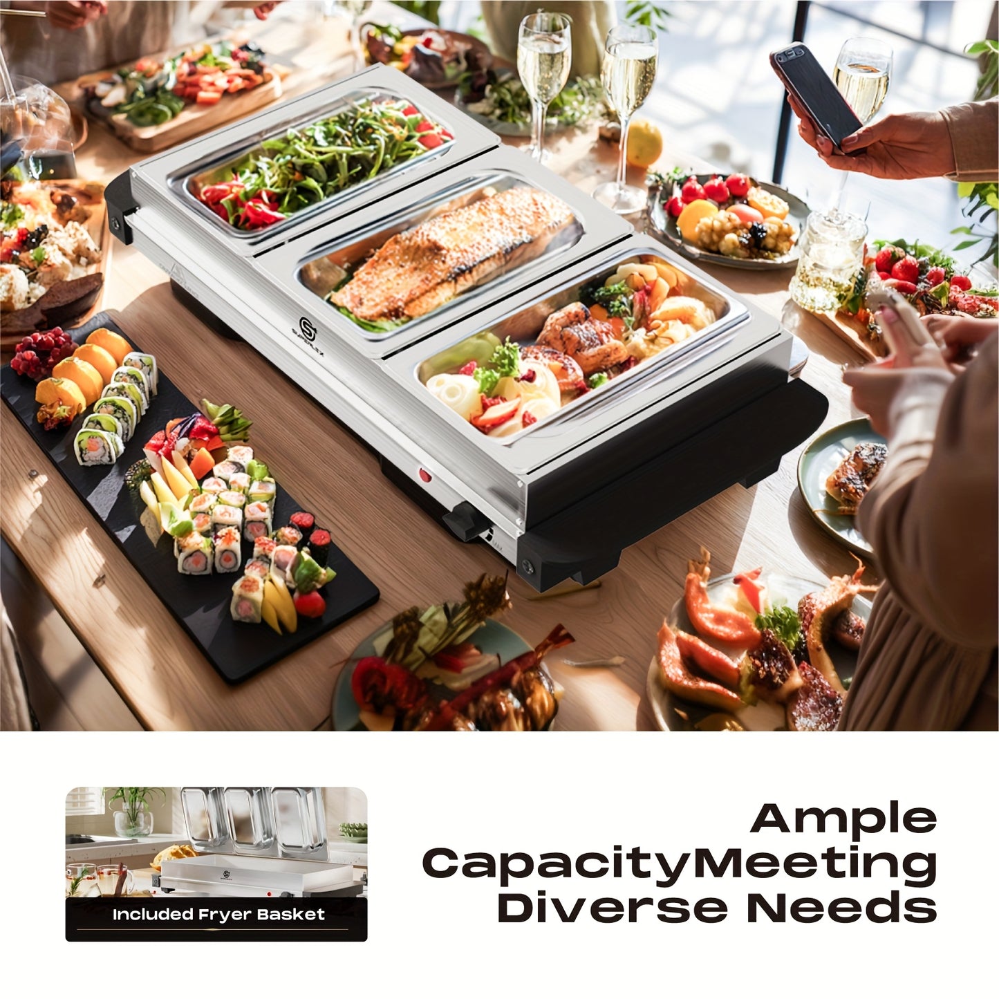 SUPERLEX Buffet Elettrico con Scaldavivande, Dotato di Tre Pentole da 1.5L, un Design Spazioso in Acciaio Inox, una Piastra Riscaldata con Coperchi Rimovibili, Impostazioni di Temperatura Regolabili e una Vassoio Riscaldante Portatile per Mantenere il Cal