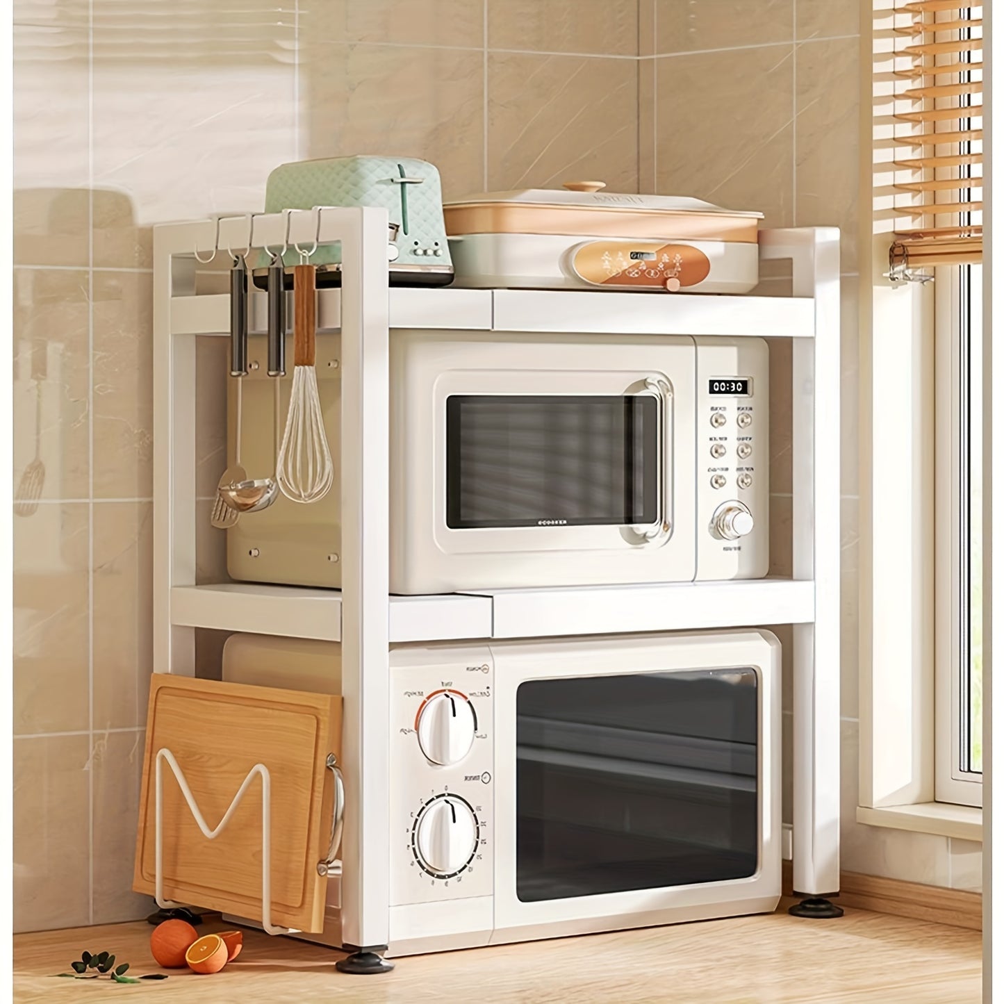 Scaffale da microonde a 3 livelli regolabile e resistente, scaffale orizzontale di estensione per cucina, scaffale per posacenere, materiale in acciaio al carbonio nero opaco, dotato di 6 ganci, artefatto multifunzionale a doppio uso per casa e ufficio, s