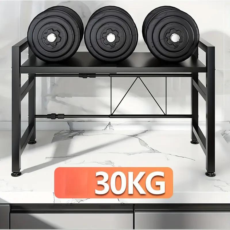 Scaffale per microonde, ripiano da appoggio per microonde espandibile per riporre utensili da cucina e stoviglie, scaffale salvaspazio regolabile a 2 livelli con 6 ganci, ripiano da appoggio in acciaio al carbonio per microonde, ripiano per microonde e ut