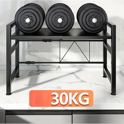 Scaffale per microonde, ripiano da appoggio per microonde espandibile per riporre utensili da cucina e stoviglie, scaffale salvaspazio regolabile a 2 livelli con 6 ganci, ripiano da appoggio in acciaio al carbonio per microonde, ripiano per microonde e ut