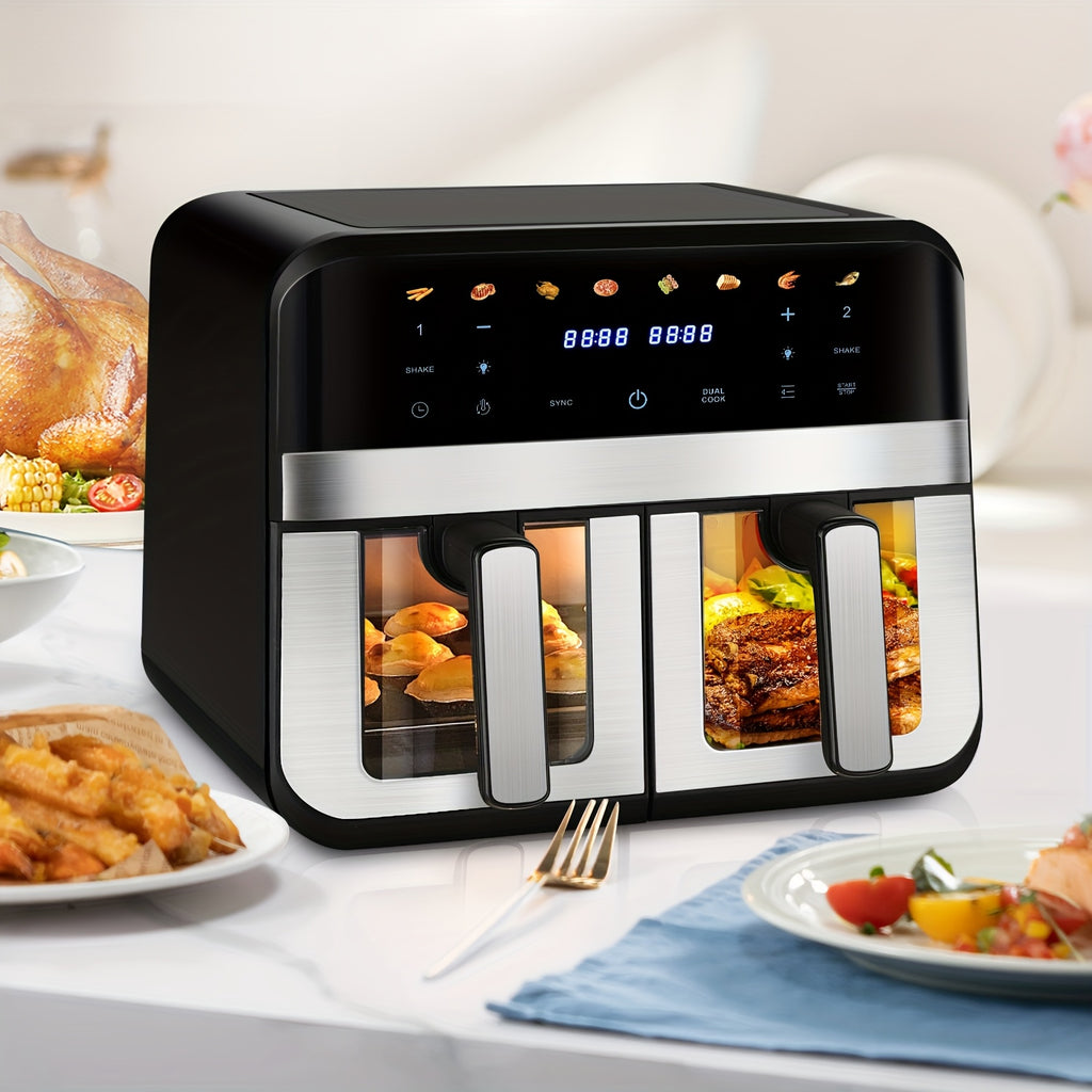 Friggitrice ad Aria Doppia da 9L con Finestra Visiva, 8 Preimpostazioni di Cottura, Touch Screen, Display LED, Friggitrice Digitale a Doppia Zona con Ricettario, Timer e Controllo della Temperatura, Antiaderente