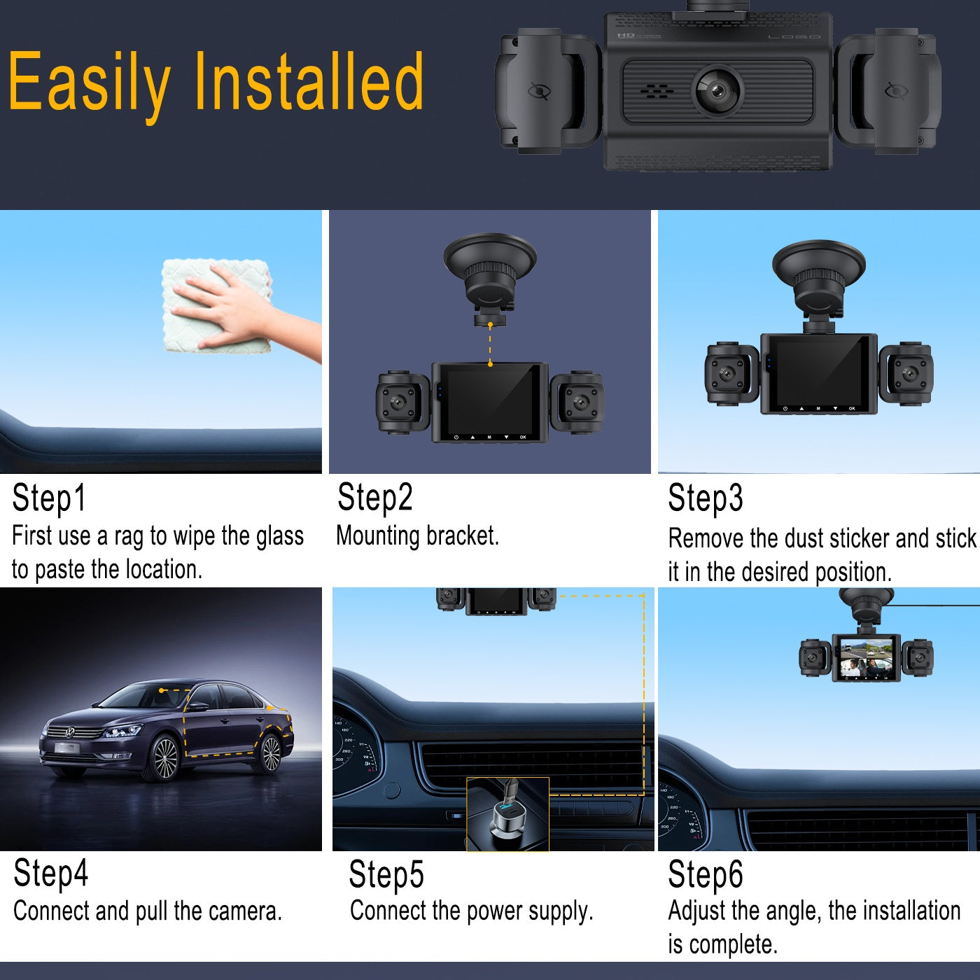 BCUOZ Dash Cam per auto 360 gradi con lente 3/4, 1080P, per auto, registrazione anteriore 1080P e posteriore/sinistra/destra 720P, con scheda di memoria da 64 GB, telecamera rotante a 360 gradi, registrazione in loop, Super Visione Notturna