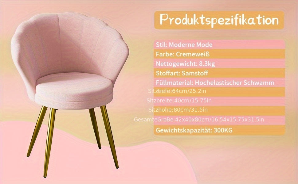 Poltrona in velluto con schienale a guscio in morbido velluto e gambe in metallo dorato per soggiorno, camera da letto, toletta 42x40x80cm rosa