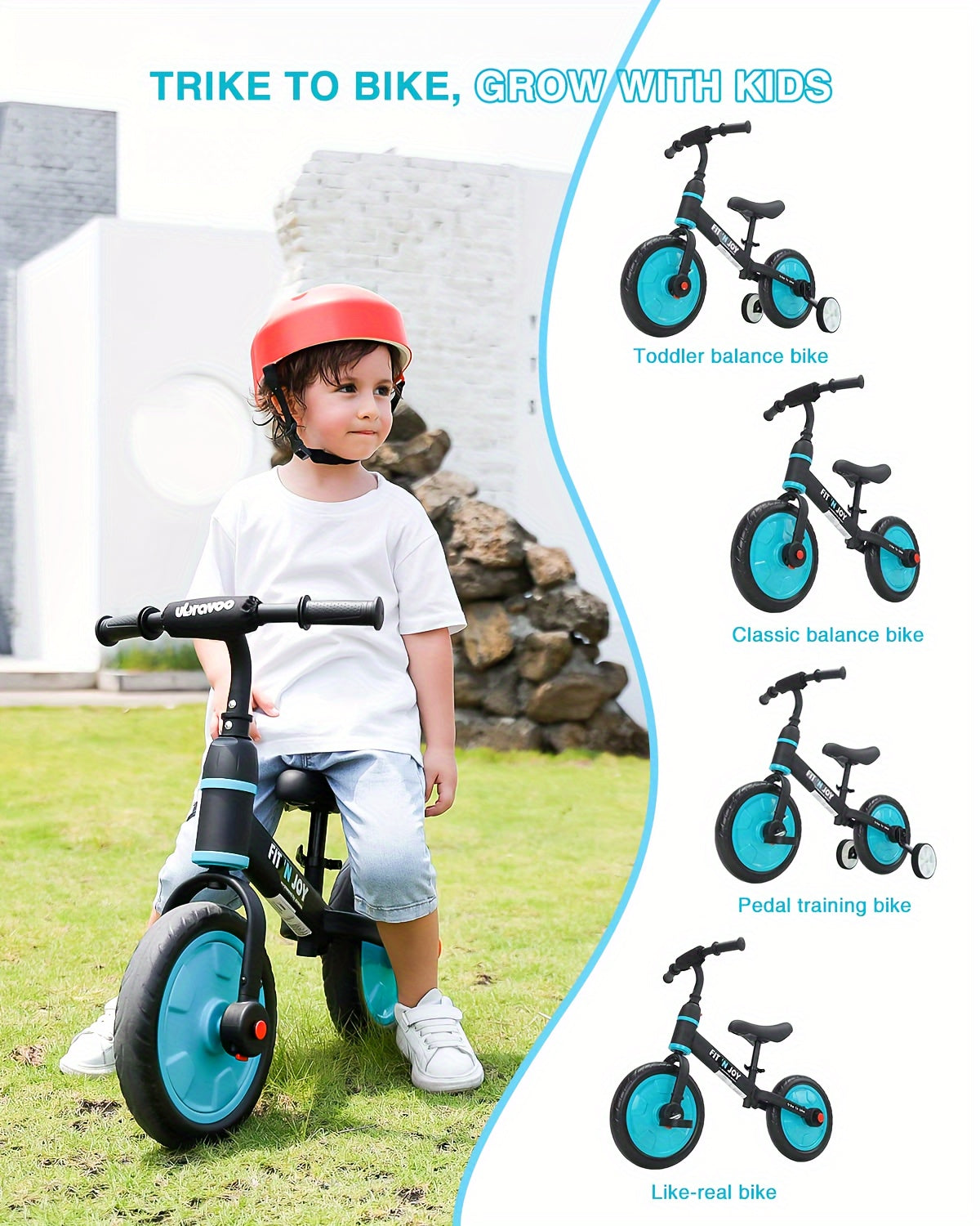UBRAVOO Fit 'n Joy Bici per Bambini, Bici Bilanciata 4-in-1 con Pedali e Stabilizzatori, Triciclo-a-Bici per Ragazzi e Ragazze dai 2 ai 5 Anni