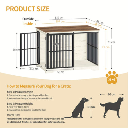 Gabbia per Cani Arredo, 110 cm Gabbia per Cani, 2 Ante, Gabbia Moderna per Interni, Adatta a Cani Piccoli/Medii/Grandi fino a 100 kg, Tavolino Laterale, Ante Scorrevoli Rinforzate, 65 x 110 x 81 cm, Nero/Bianco e Nero